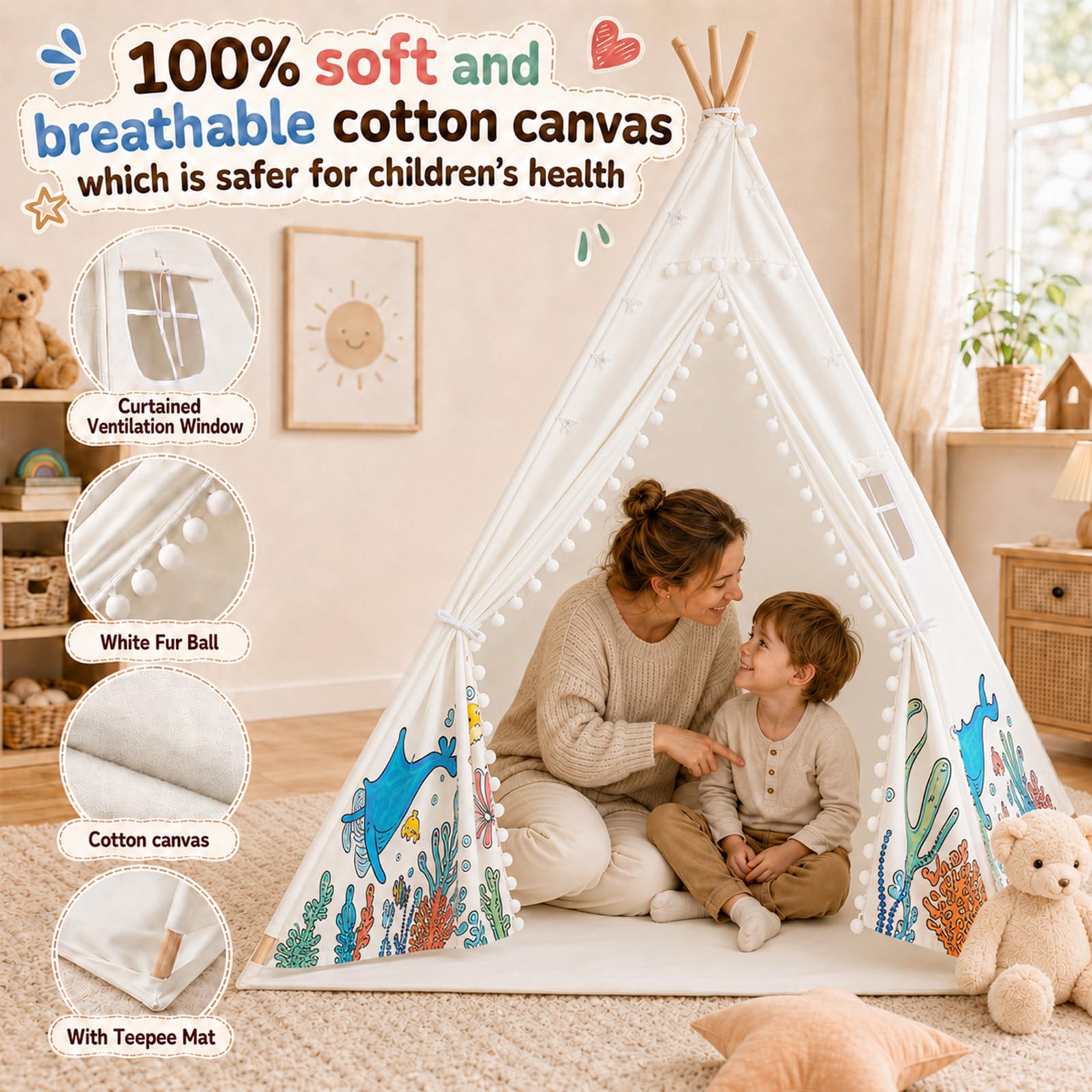 DIY Tipi Zelt für Kinder Indoor mit 12 Pinsel+Lichterkette+Tasche, 120x160cm Waschbar Kinder Zelt Tipi Zelt Kinderzimmer für Mädchen & Jungen – Malen, Spielen & Entspannen im Kinderzimmer