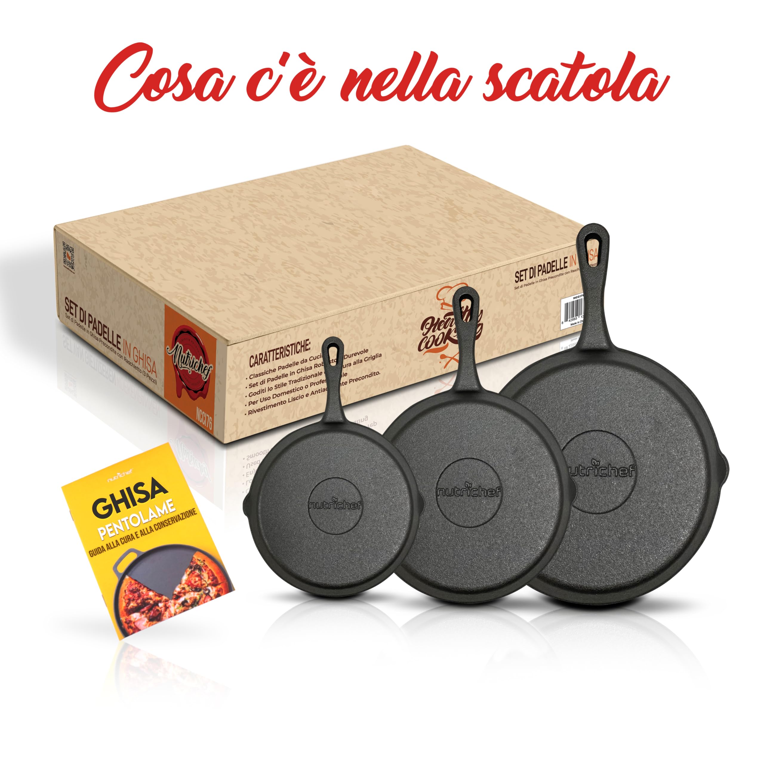 NutriChef Padella Ghisa Pretrattata, Set 3 Pezzi con Padella Antiaderente, Beccuccio Laterale e Raschietto, Compatibile con Gas, Induzione ed Elettrico, per Carne, Uova e Verdura