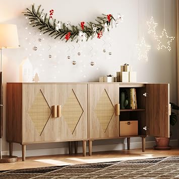 GarveeTech Modern Rattan Buffet Cabinet with 2 Doors, Adjustable Shelves and Woven Cane Panels, Versatile Sideboard Storage for Dining Room, Living Room, Kitchen, Entryway 2