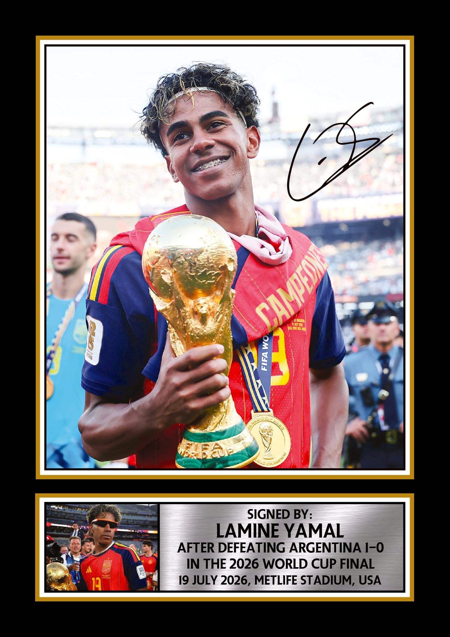 FoxyPrinting Lamine Yamal Spain Football Poster Print – Spain 2026 FIFA World Cup Champions Trophy Celebration Signature Style Wall Art – Soccer Fan Gift, A4 Poster + Black Frame