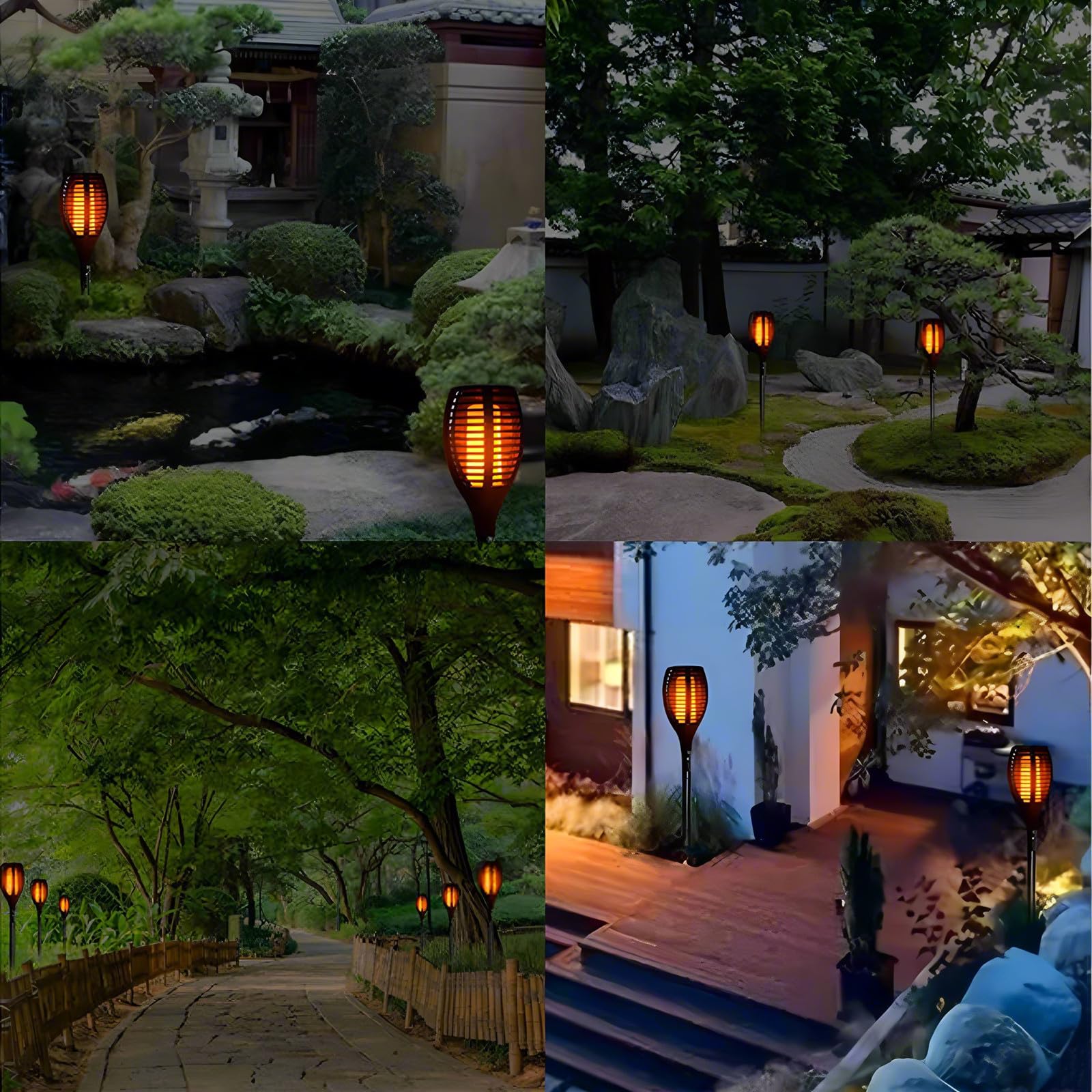 Paquete de 4 luces solares de llama para exteriores, luces solares para decoración de jardín con llama parpadeante, IP65 impermeables, luces solares para patio, decoración de camino (blanco cálido)