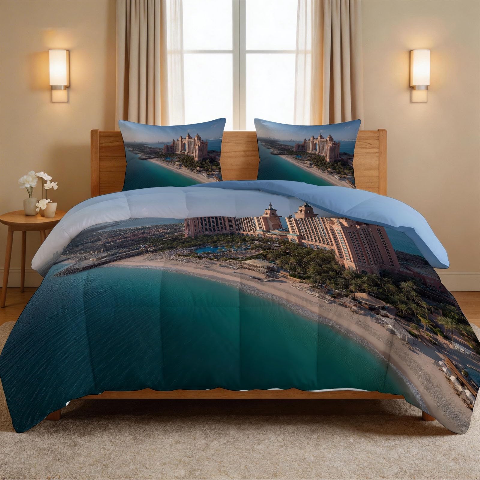 Surreal City Beach King Blue zestaw pościeli z 2 poszewkami na poduszki (50 x 75 cm) i 10,5 Tog, całoroczna kołdra z mikrofibry i hipoalergiczna, antyalergiczna pościel, 230 x 220 cm, łatwa