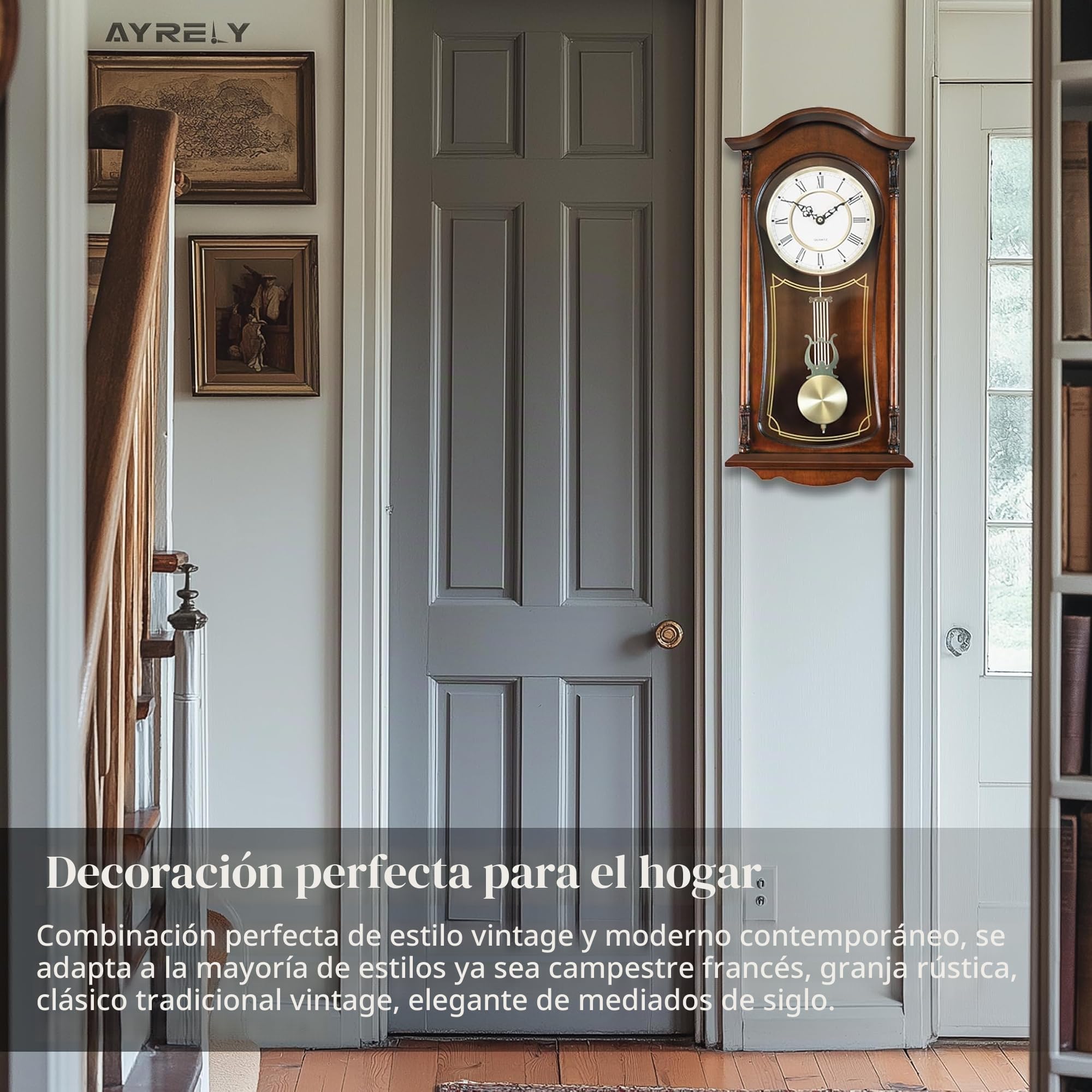 AYRELY® Reloj de pared vintage de abuelo de 22 pulgadas con péndulo y campanilla, timbre de hora/cuarto de hora, marco de madera de caoba, reloj de pared vintage grande para sala de estar, regalo de