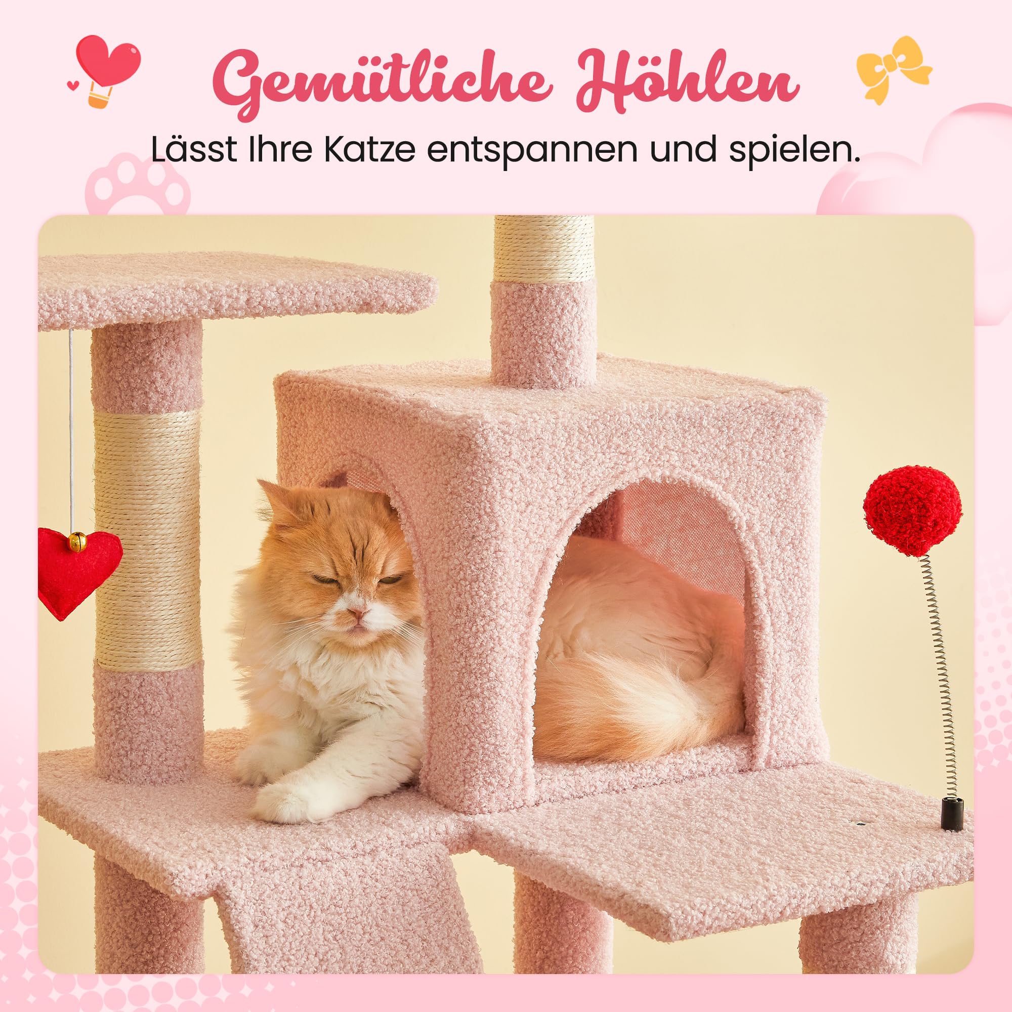 Rosa Kratzbaum, 163 cm Mehr-Ebenen-Turm für Wohnungskatzen mit Sisal-Kratzpfosten, gepolsterter Liegefläche, gemütlicher Hängematte und Spielzeug zum Jagen