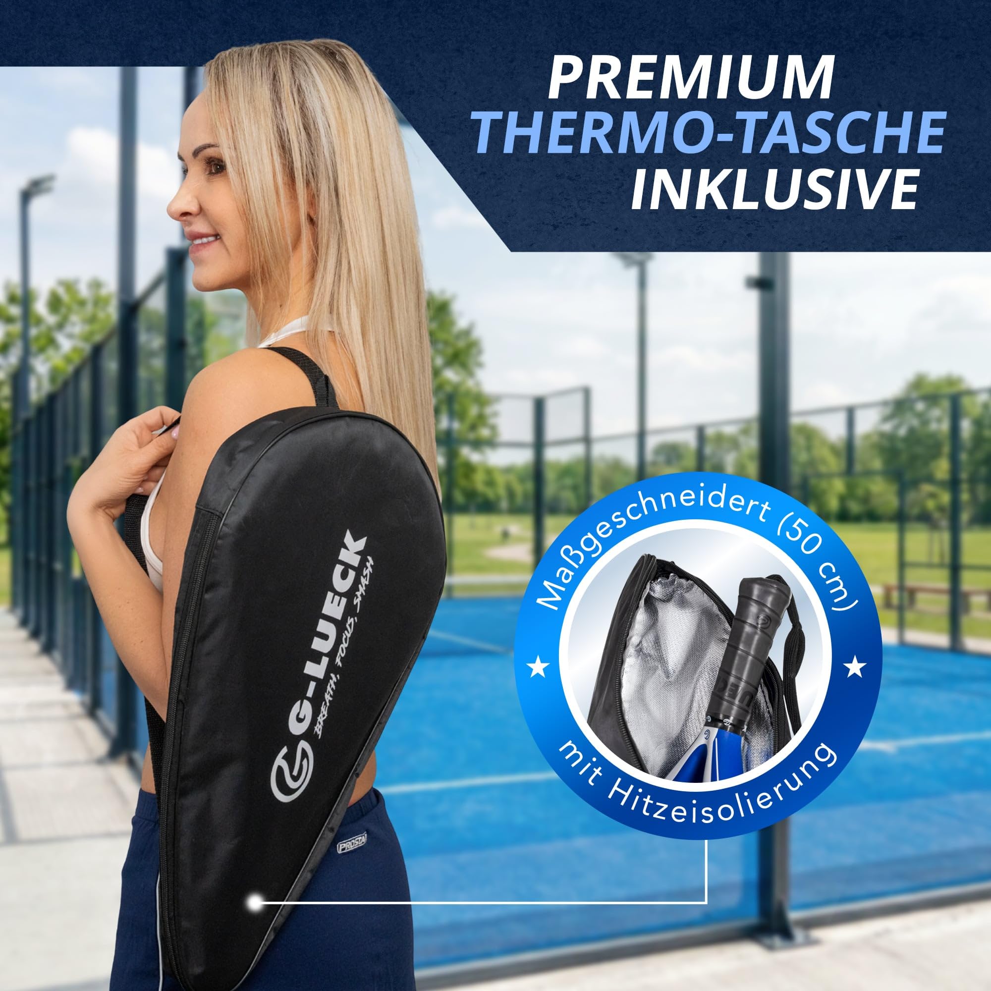 Raquette de Padel Iron Hand 3K Carbone – Forme Ronde, Contrôle et Puissance – Cadre en Carbone Renforcé – pour Débutants et Joueurs Confirmés – Bleue, Housse Incluse