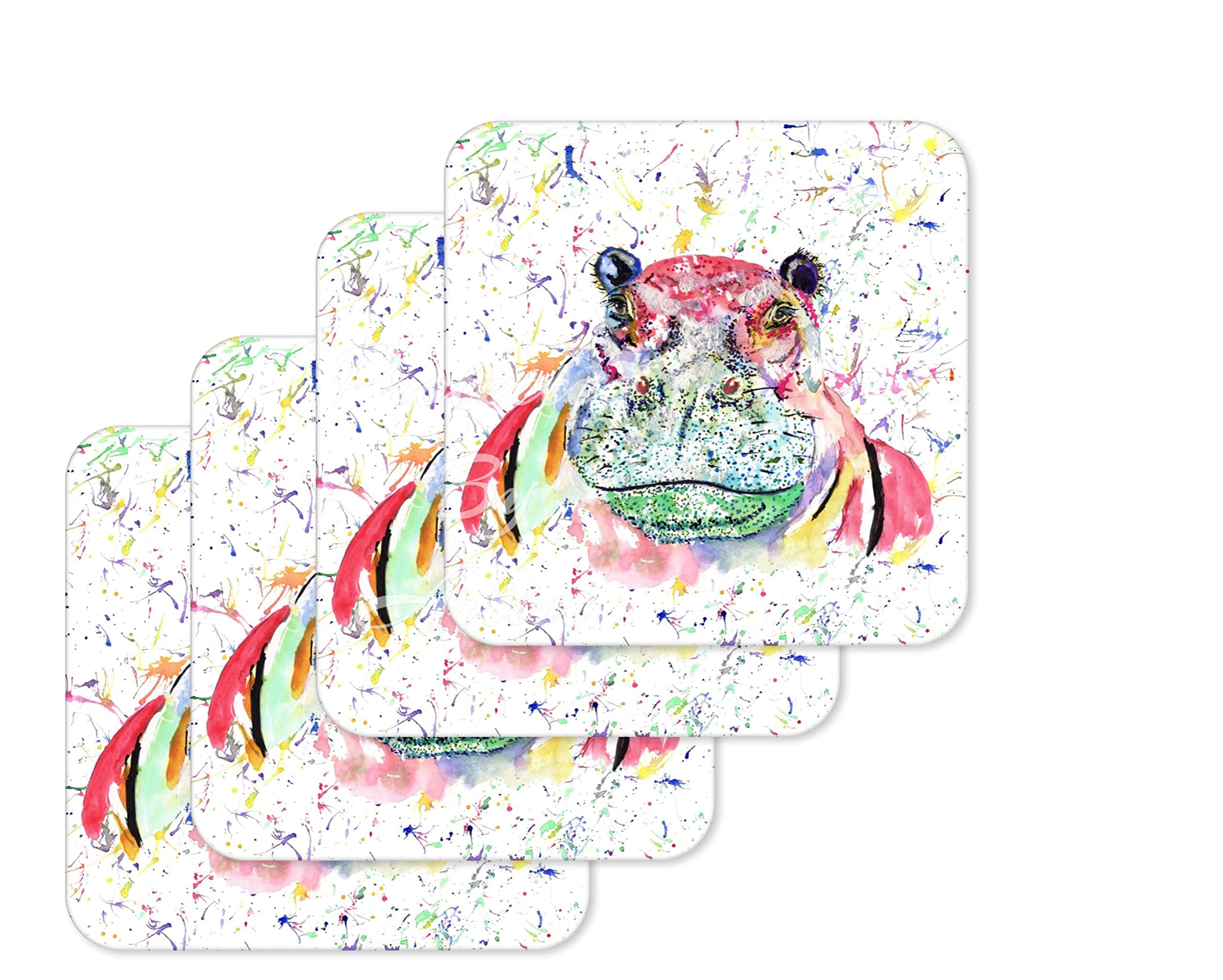 Coaster Hippo Wild Wildlife Animals Coasters Watercolour Art Gift Work Office Dining Tea coffee (4)