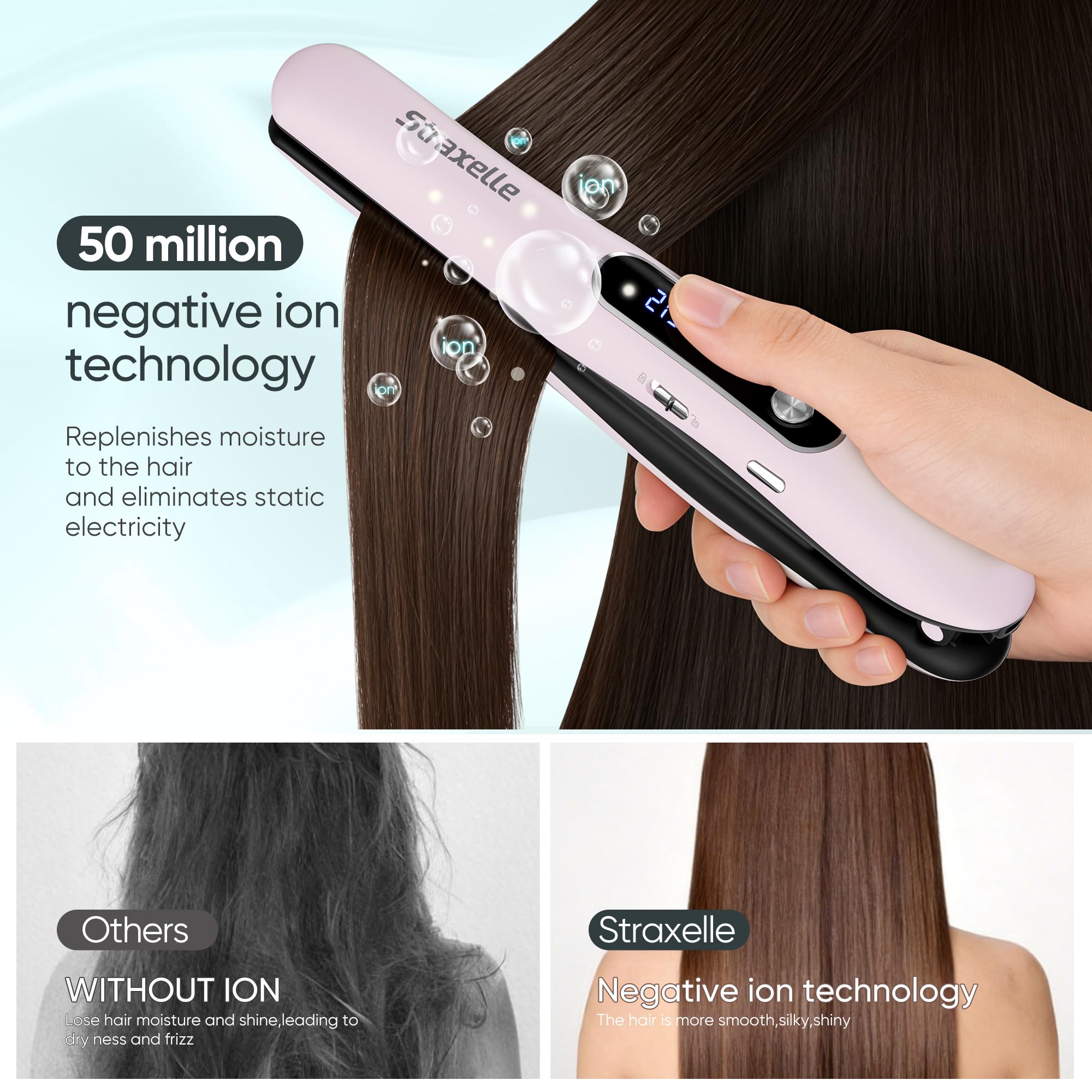 2 in 1 Mini Raddrizzatore Senza Fili e Ricciolo per Capelli, 175℃-215℃ Portatile Piastra per Capelli Senza Fili, 5000mAh Piastra Capelli da Viaggio con Display LED für alle Haartypen(Rosa)