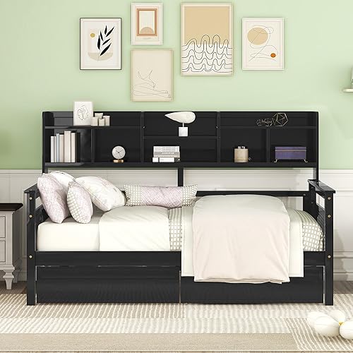 Miniatura 10 de P PURLOVE Cama de madera tamaño individual multifuncional sofá cama cama individual marco de cama individual para niñosadultos sofá cama moderna