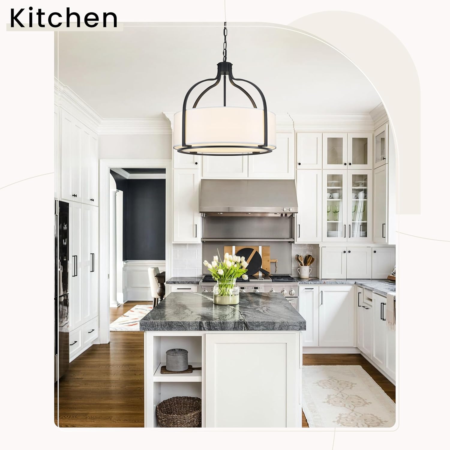 20.5'' Modern Black Drum Chandelier, 5-Light Large Farmhouse Chandeliers for Dining Room Hanging Light Fixture Drum Pendant Light with White Fabric Shade for Kitchen Living Room Foyer Entryway Bedroom