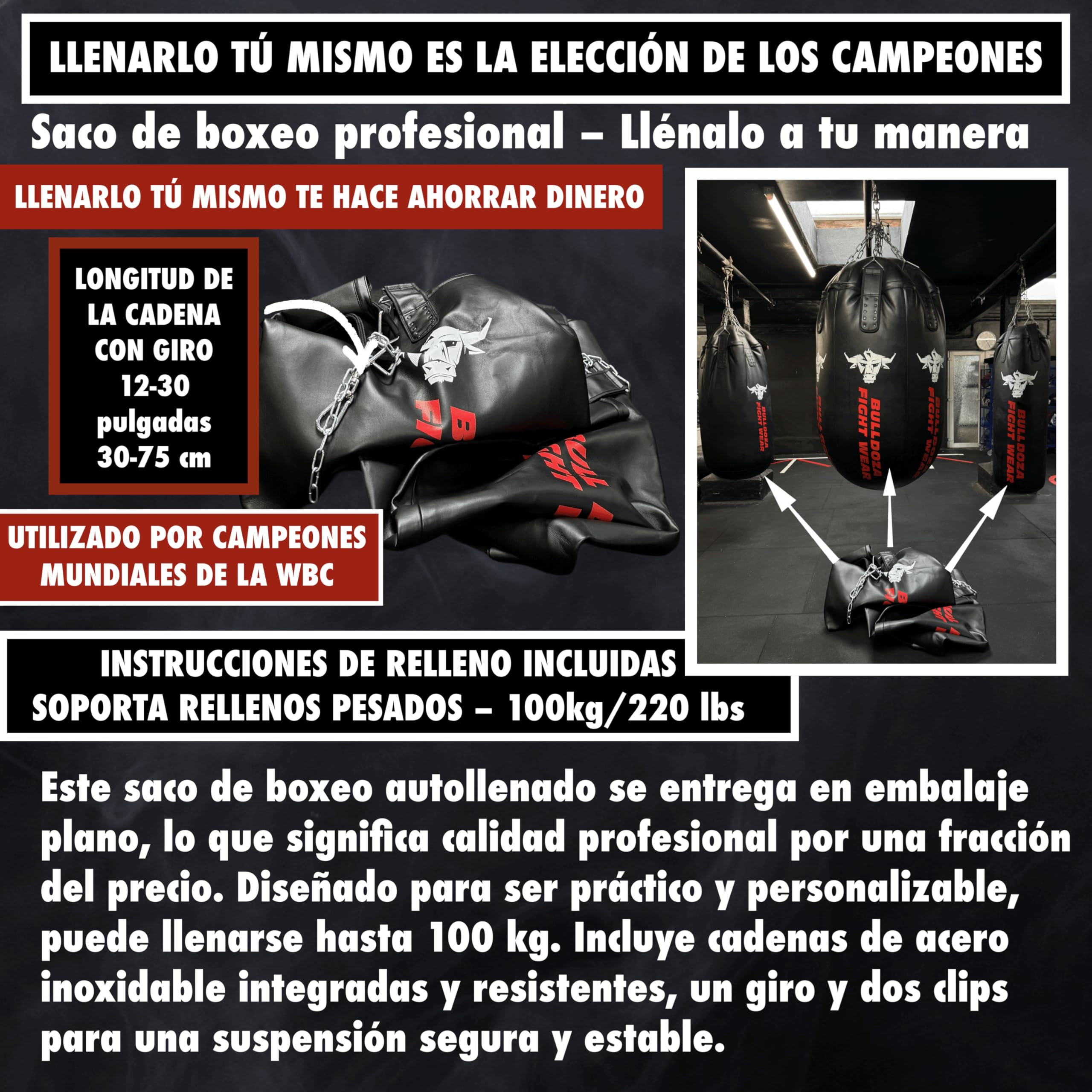 XL Tank Bull Doza Fight Wear - Saco de boxeo con cadenas colgantes, giratorio, mosquetones, bolsa de boxeo