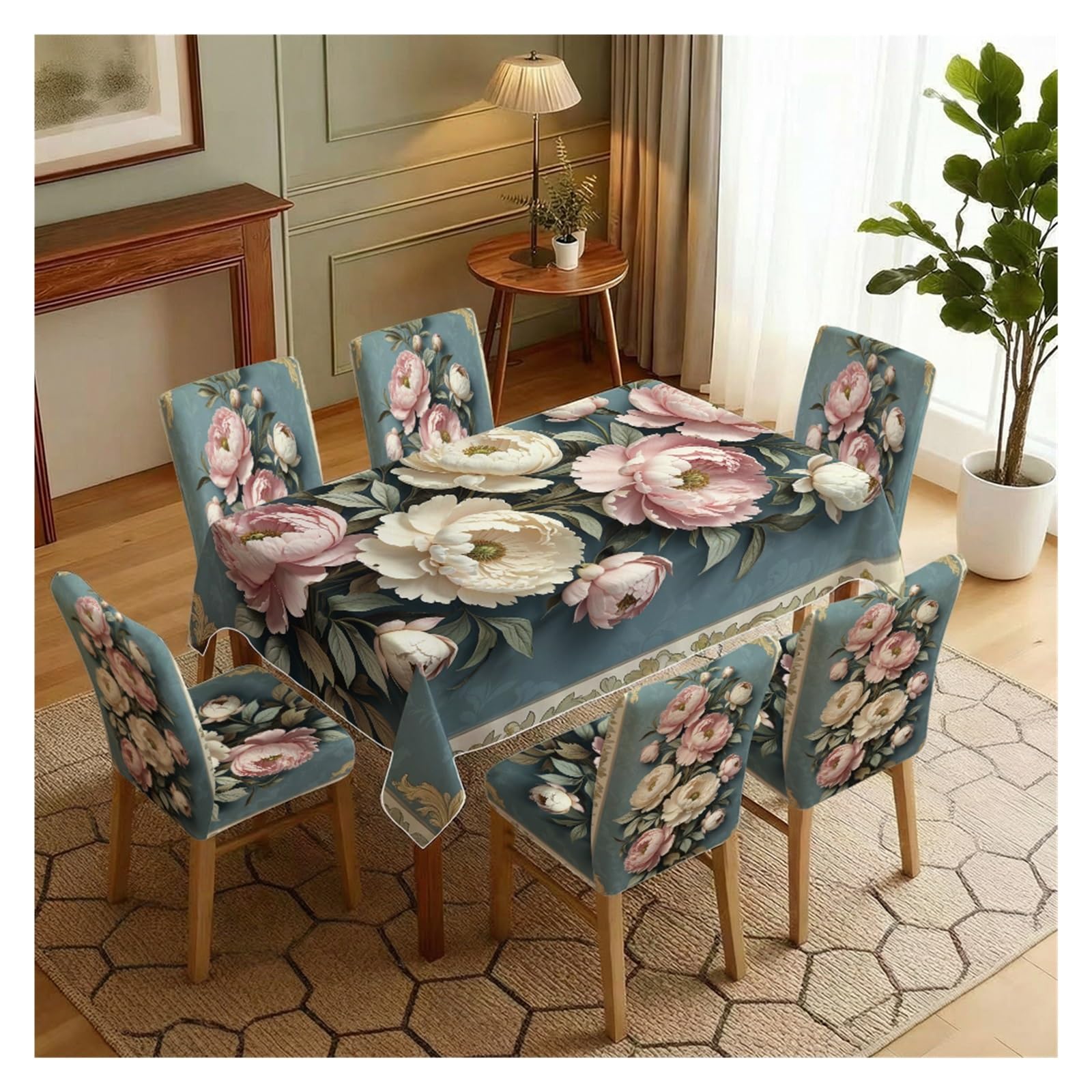 BOSUYBN Stretch Dining Chair Slipcover & Tablecloth Set, Teal Background Peony Floral Print, 5/7 Pack, Elegant Vintage Farmhouse Dining Decor Table Setting(7pcs Set: Tablecloth+Chair Covers)