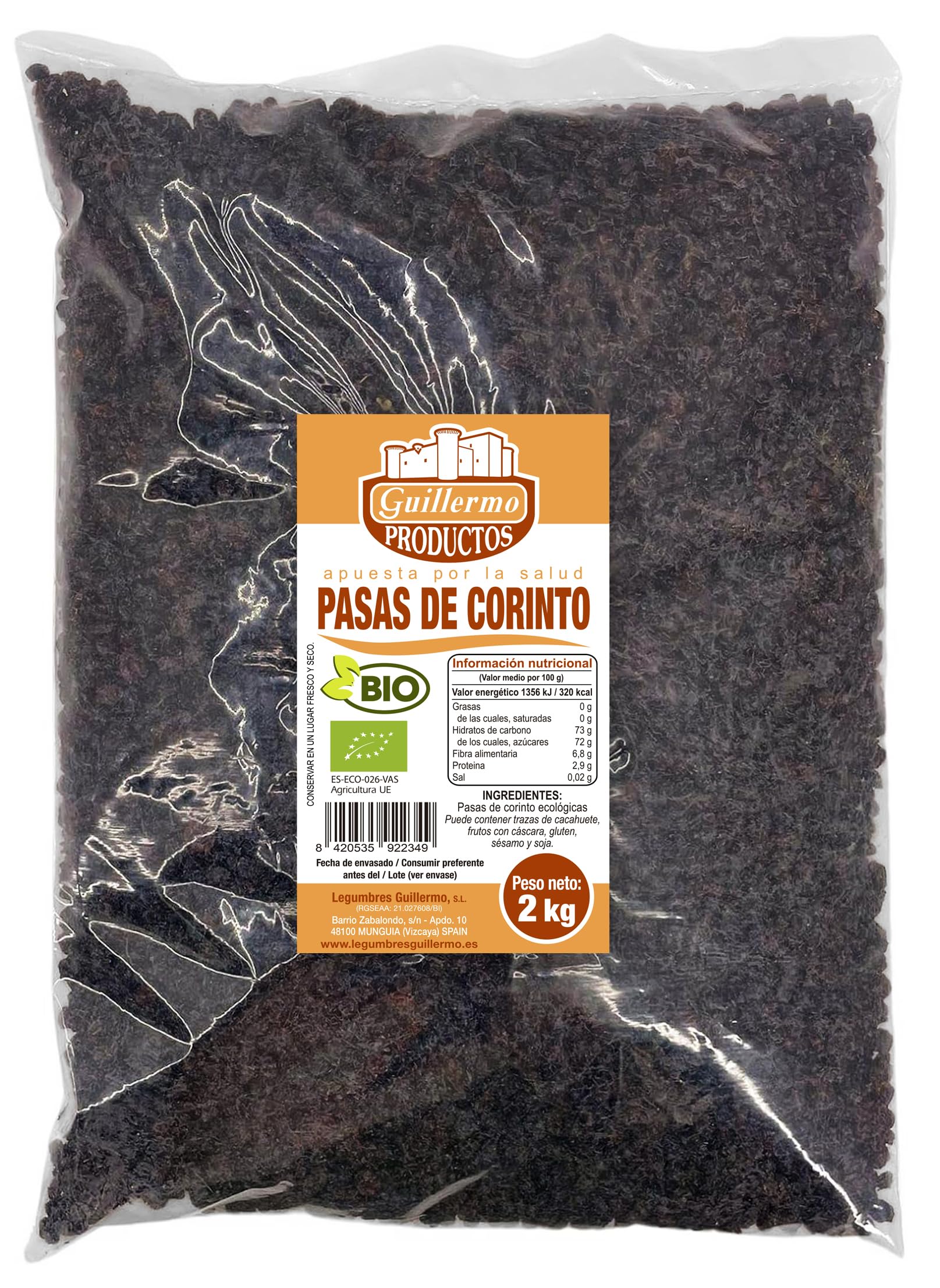 Guillermo | Pasas de Corinto BIO - Bolsa 2kg. | 100% ecológico | Antioxidante que previene la degeneración muscular | Recomendable para niños y personas deportistas o con actividad laboral dura