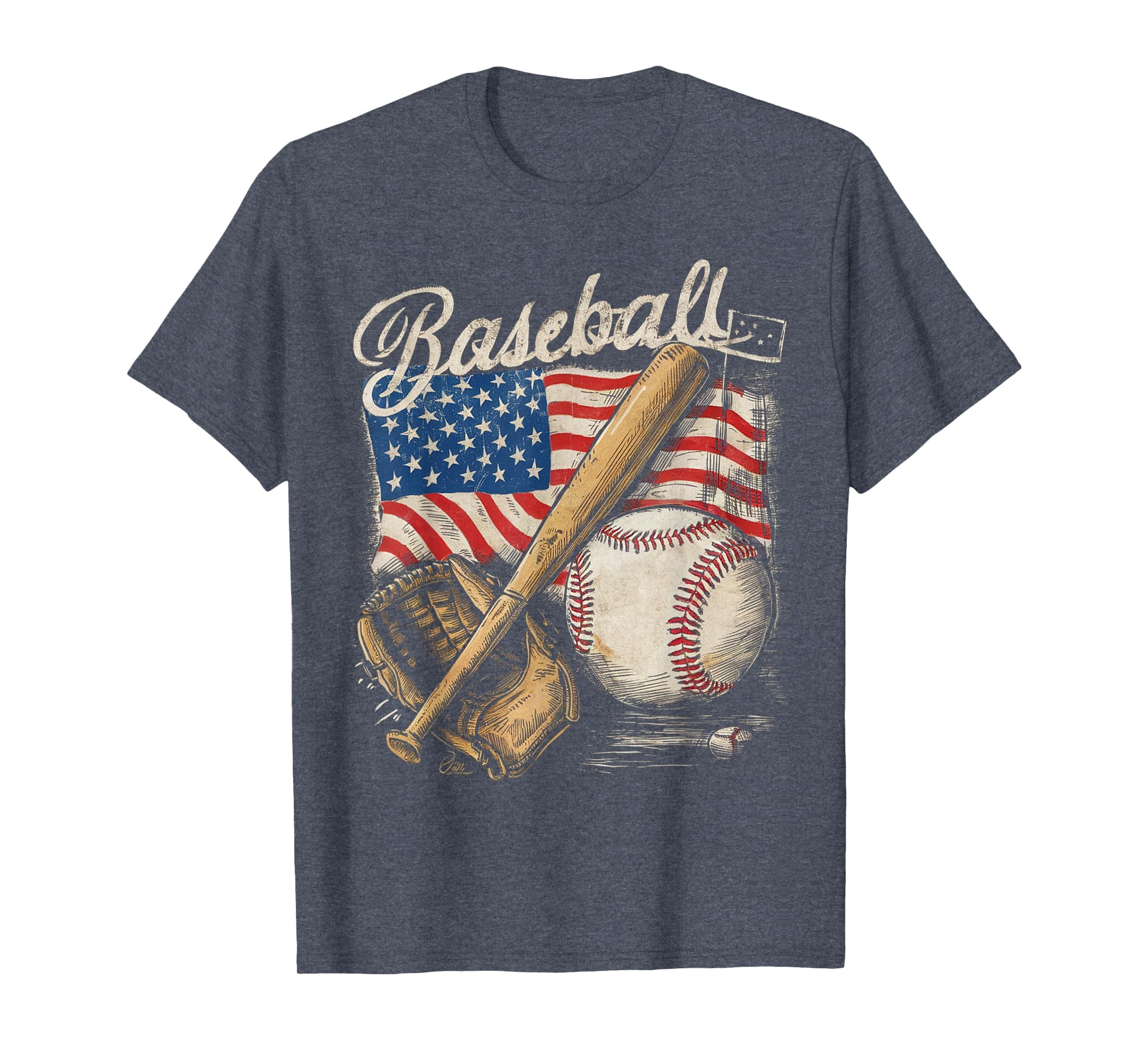 American Flag Baseball Player Bat Fan Catcher Pitcher USA T-Shirt