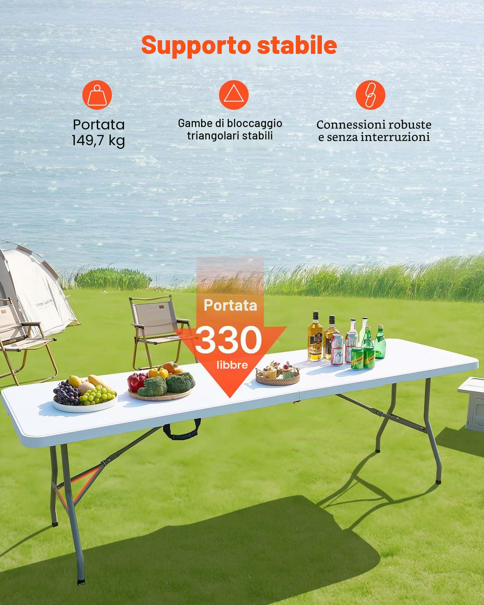VEVOR Tavolo Pieghevole a Metà, Tavolo in Plastica Resistente Portatile e Rettangolare da 2440x750x740 mm, per Interni ed Esterni con Maniglia Integrata, per Feste, Cene, Picnic, Bianco