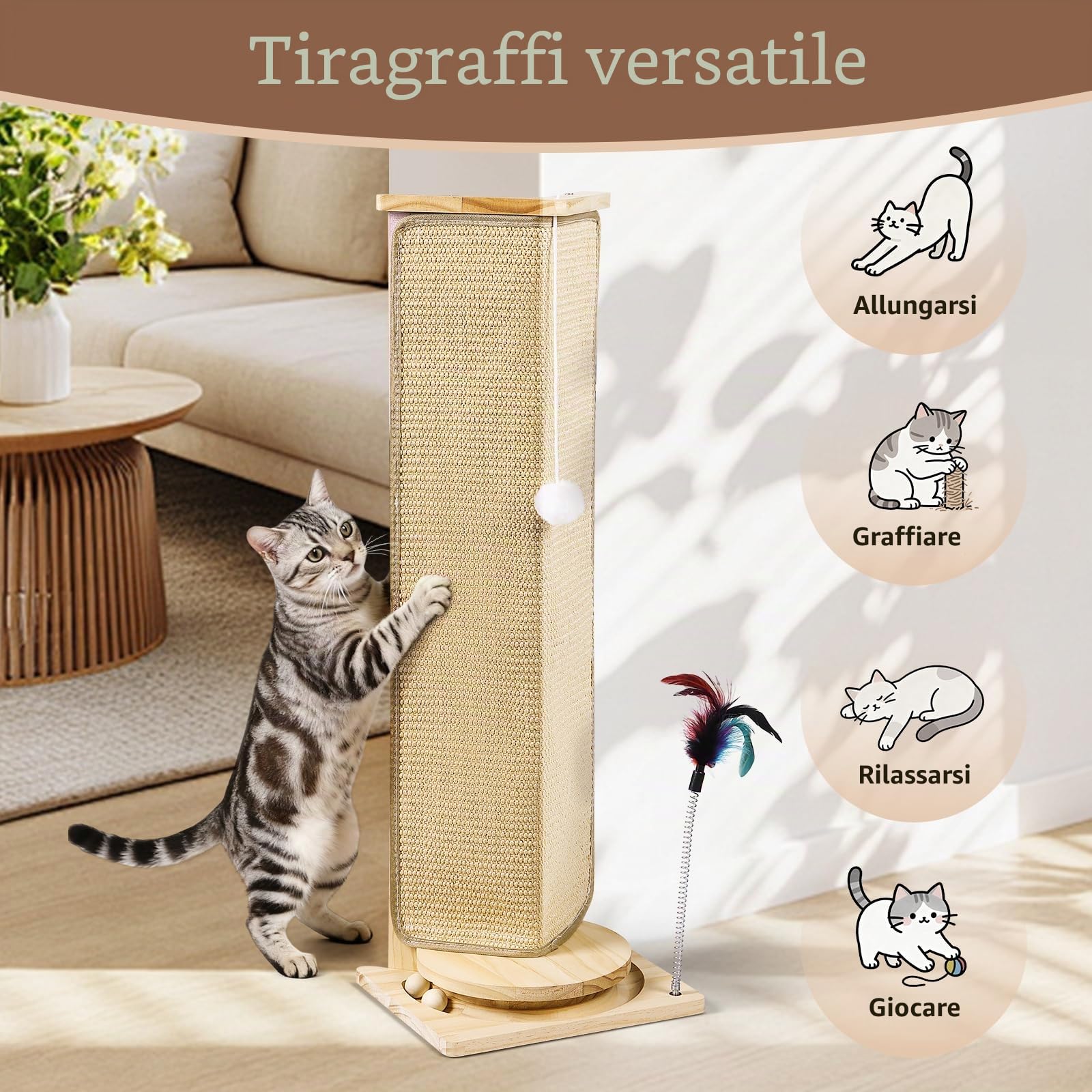 Tiragraffi angolare per gatti, alto 88 cm, con palla interattiva, tappetino sostituibile in sisal per gatti interni, protezione per mobili per divano e parete