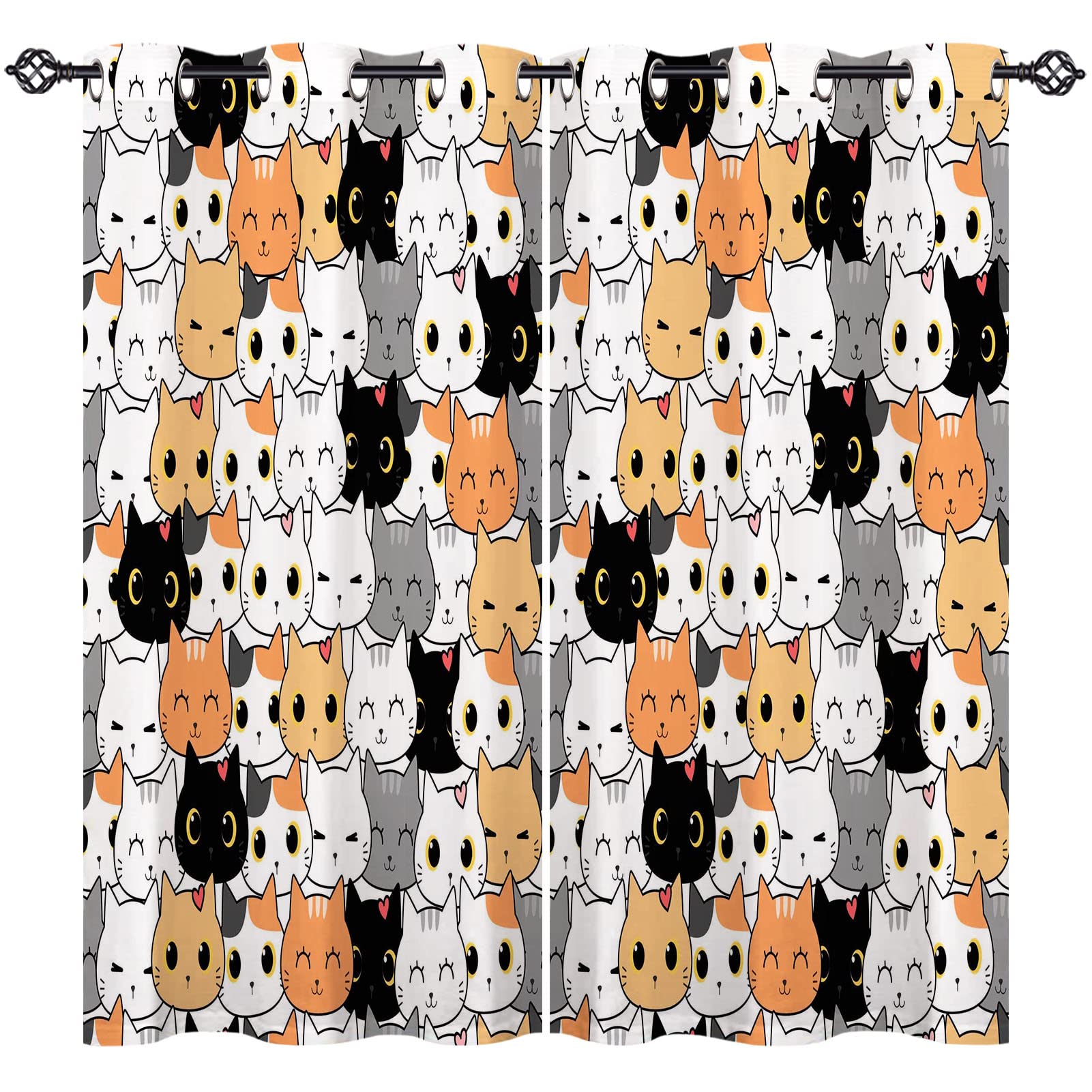 ANHOPE Cat Curtains Eyelet Soft Thermal Insulated Blackout Curtains Cute Cartoon Animal Kitten Head Print Pattern Ring Top Window Drapes for Kids Bedroom Living Room 30 x 63 Inch 2 Panels — image 1
