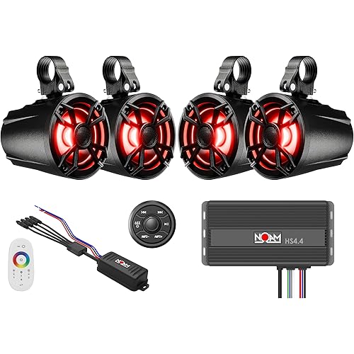 NOAM NUTV5 Quad - Marine ATV/Golf Cart/UTV Stereo System kit – Including 4 Waterproof Tower Speakers, Weatherproof Controller/Head Unit with Bluetooth and AUX Input and Four Channels Amplifier