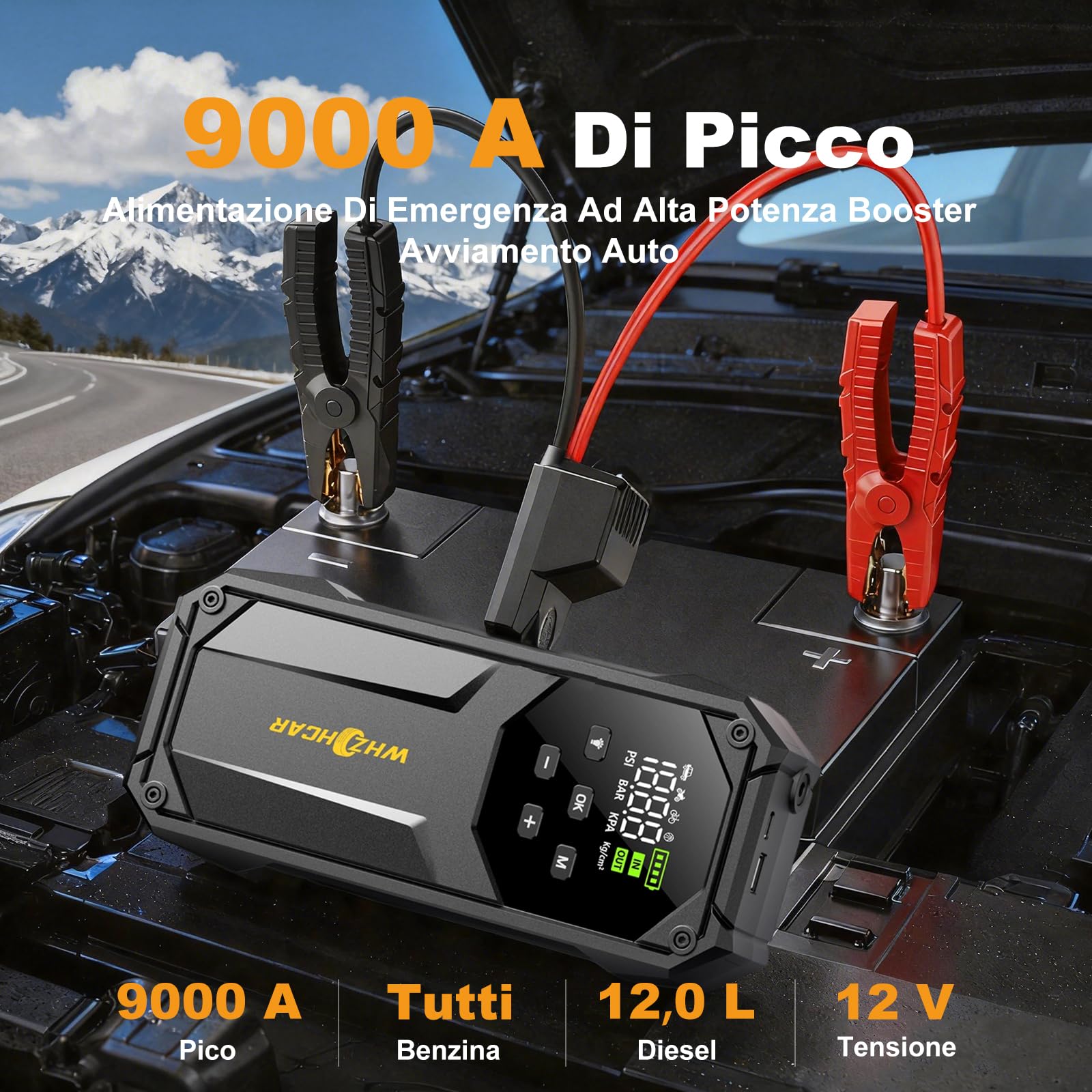Avviatore Batteria auto 160PSI 9000A Booster Avviamento | WHZOHCAR Avviatore Emergenza per Auto 12V（Tutti Gas /12L Diesel） Jump Starter con Ricarica Rapida Torcia 600 Lumen LED