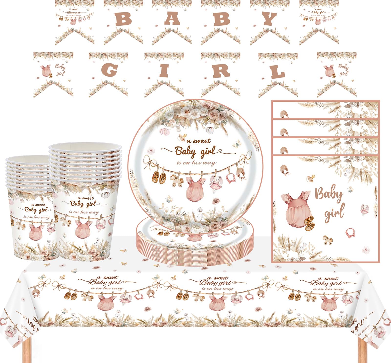 MORAINJAY 65Pcs Baby Shower Party Tableware Set for Girl,Pink Table Decorations with Paper Plates Napkins Cups Tablecloth Banners,Baby Shower Party Supplies - 16 Guests