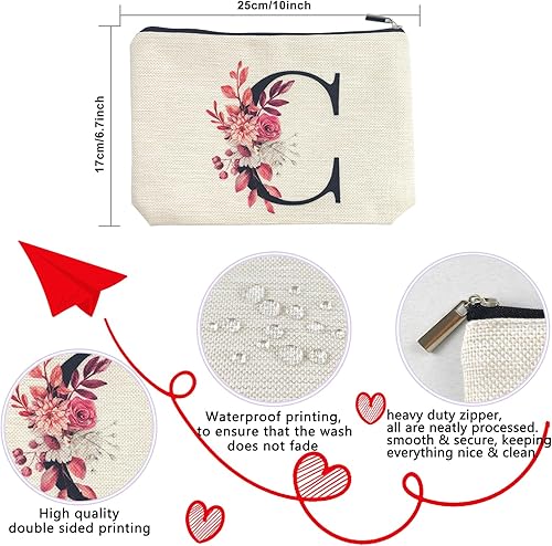 Miniatura 2 de ancpeany A-Z - Bolsa de maquillaje personalizada para mujer, bolsa de cosméticos de viaje impermeable de lino pequeña, C, Moda