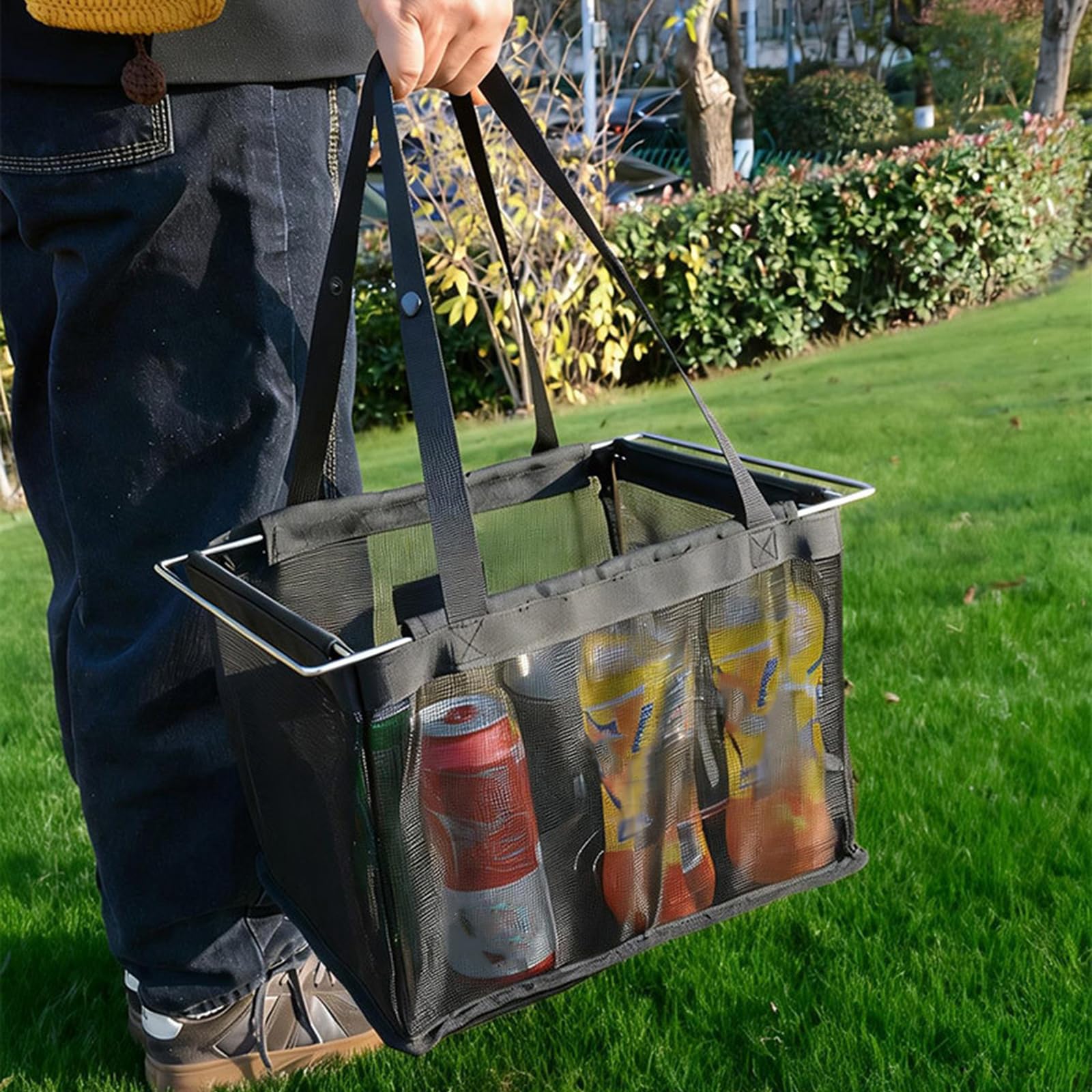 Cestino da picnic portatile per la ventilazione, grande capacità, nero, per la spesa, con filtro a rete, per conservare e conservare tazze