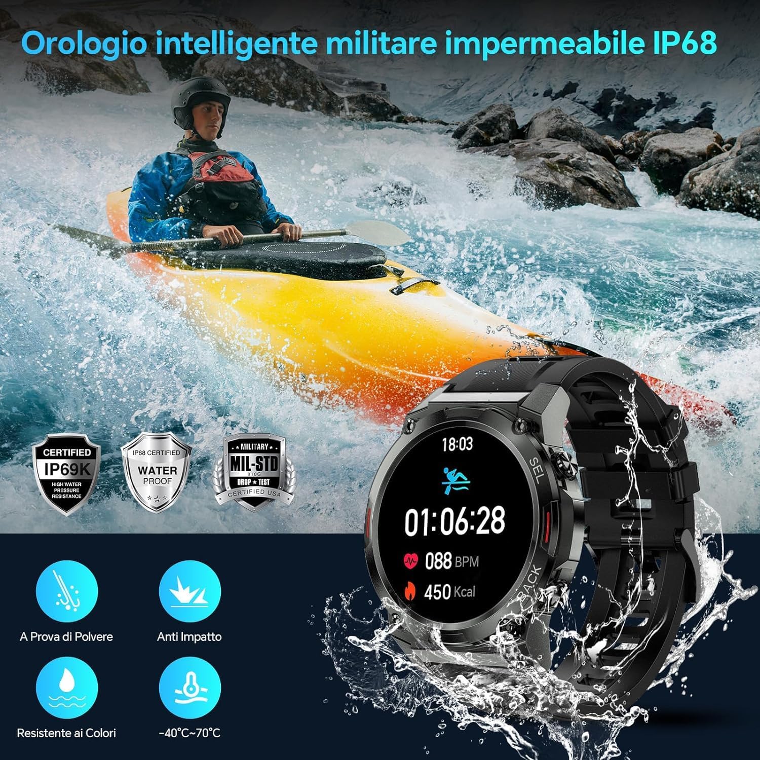 Smartwatch in water, highlighting IP68 waterproof rating