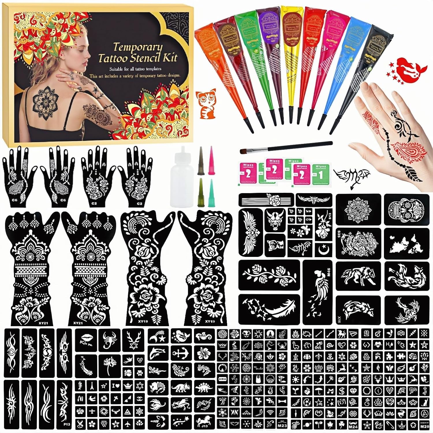 255 Pcs Temporary Tattoo Kit with 9 Colors Tattoo Cones, Large 18 Sheets Temporary Tattoo Stencil, Designed Tattoos Pattern for Kids Adults,Body Art DIY Skin Painting Gifts Set for Party Festival