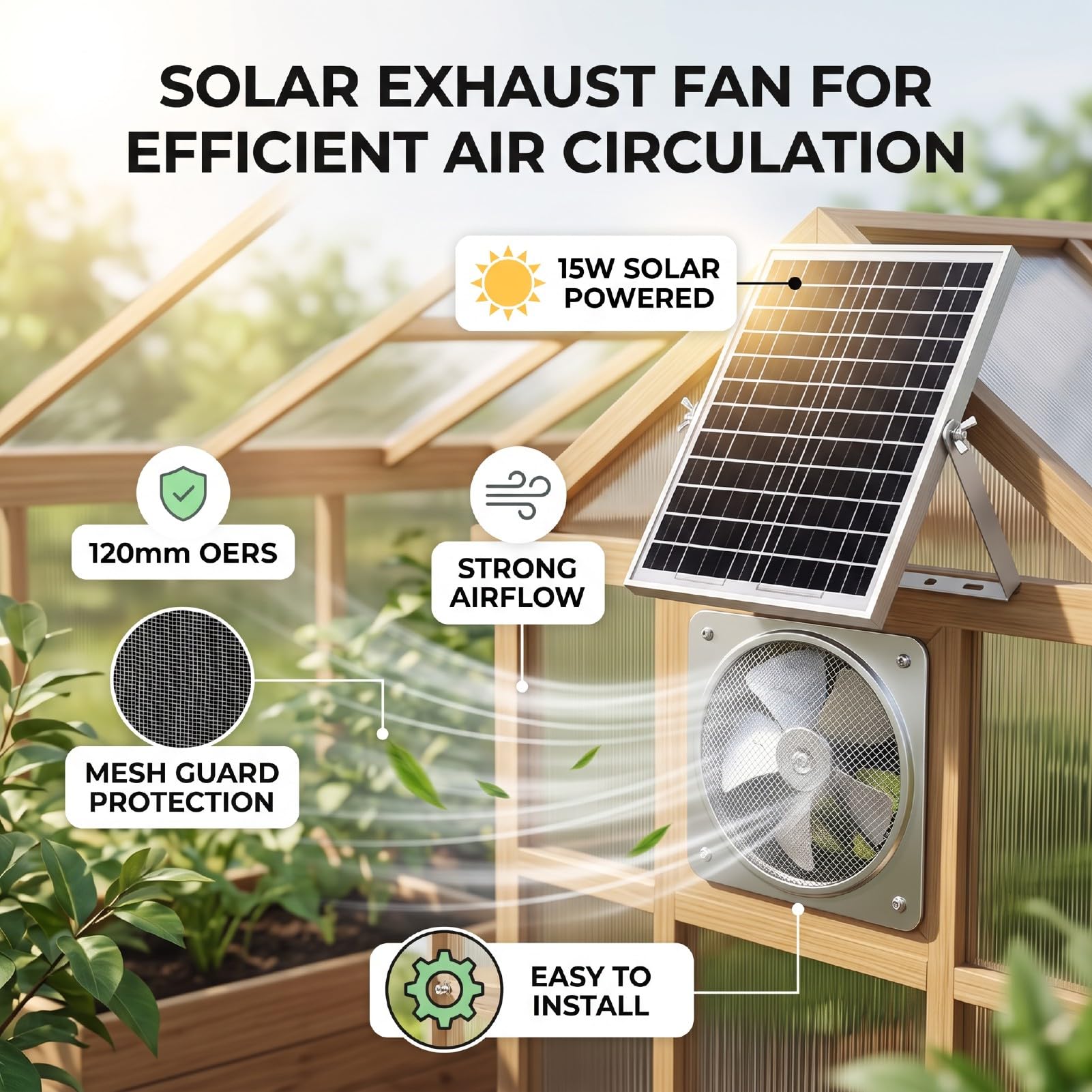 Ventola di Scarico Solare, Ventilatore di Estrazione con | Ventola di Ventilazione con Alloggiamento in ABS e Rete, per Serre, Pollai e Capanni