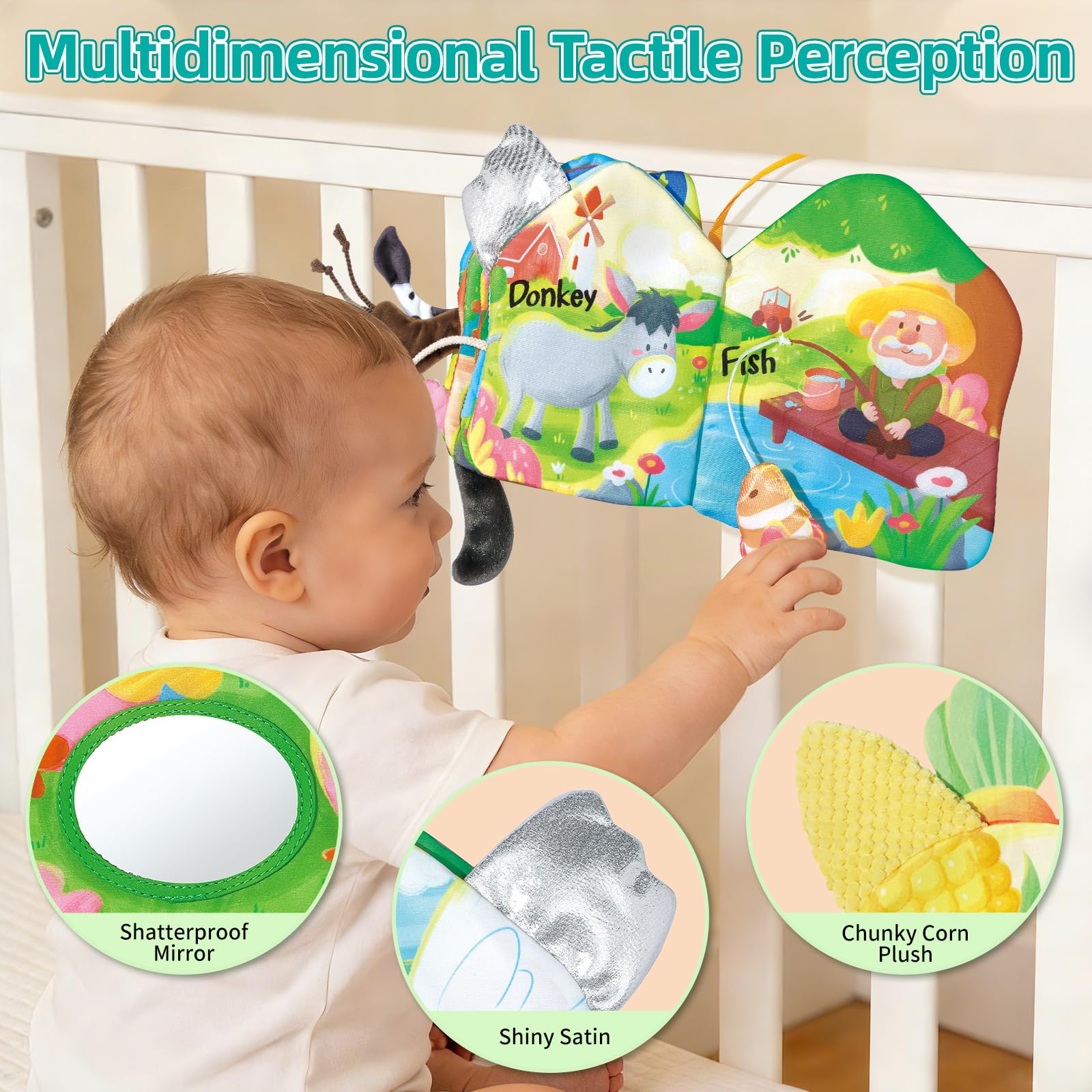 auby 3PCS Livre Tissu 0-12 Mois - Livres d'Éveil Interactifs à Queues 3D Texturées, Thèmes Animaux & Fruits, Jouets Eveil pour Bébés, Lavables en Machine, Cadeau Naissance Fille Garçon
