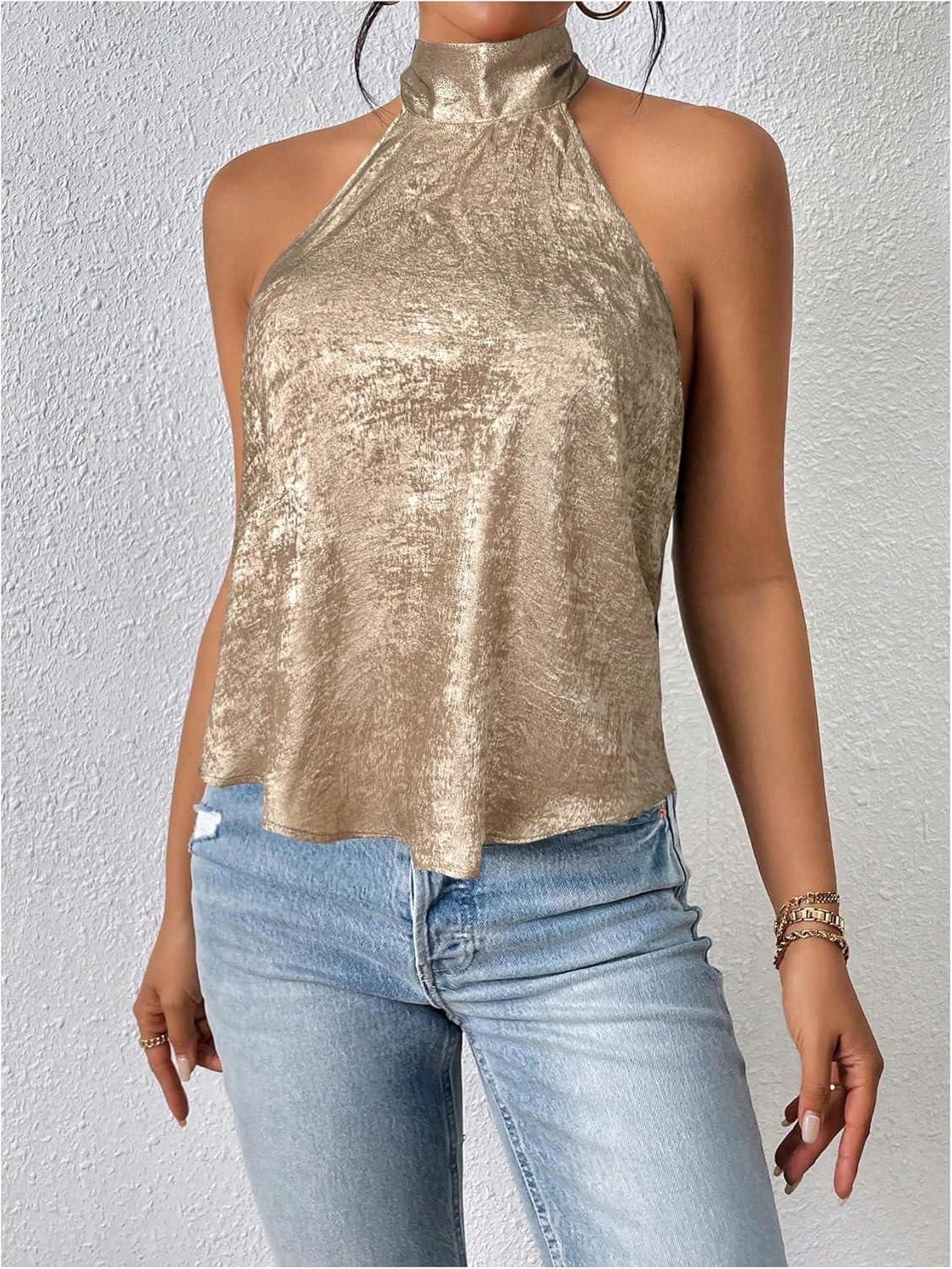 MAKEMECHIC Women's Satin Silk Halter High Neck Tops Backless Sleeveless Camisole Party Club Classy Going Out Top - Image 5