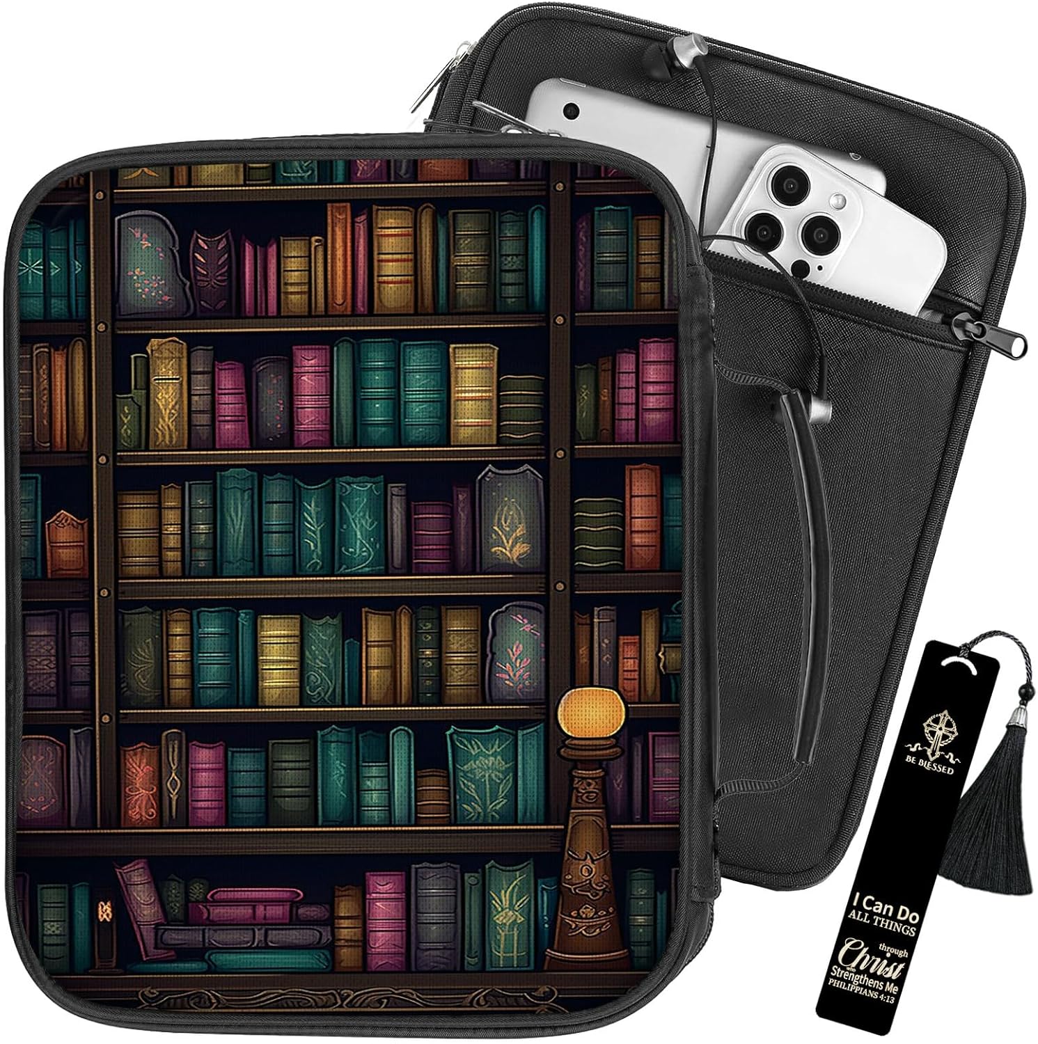 Bible Cover w/Metal Bookmark, Carrying Organizer Book Case Church Bag Bible Protective Holder with Handle Zippered Pocket, Bible Study Accessories Supplies for Women Kids, Art Library