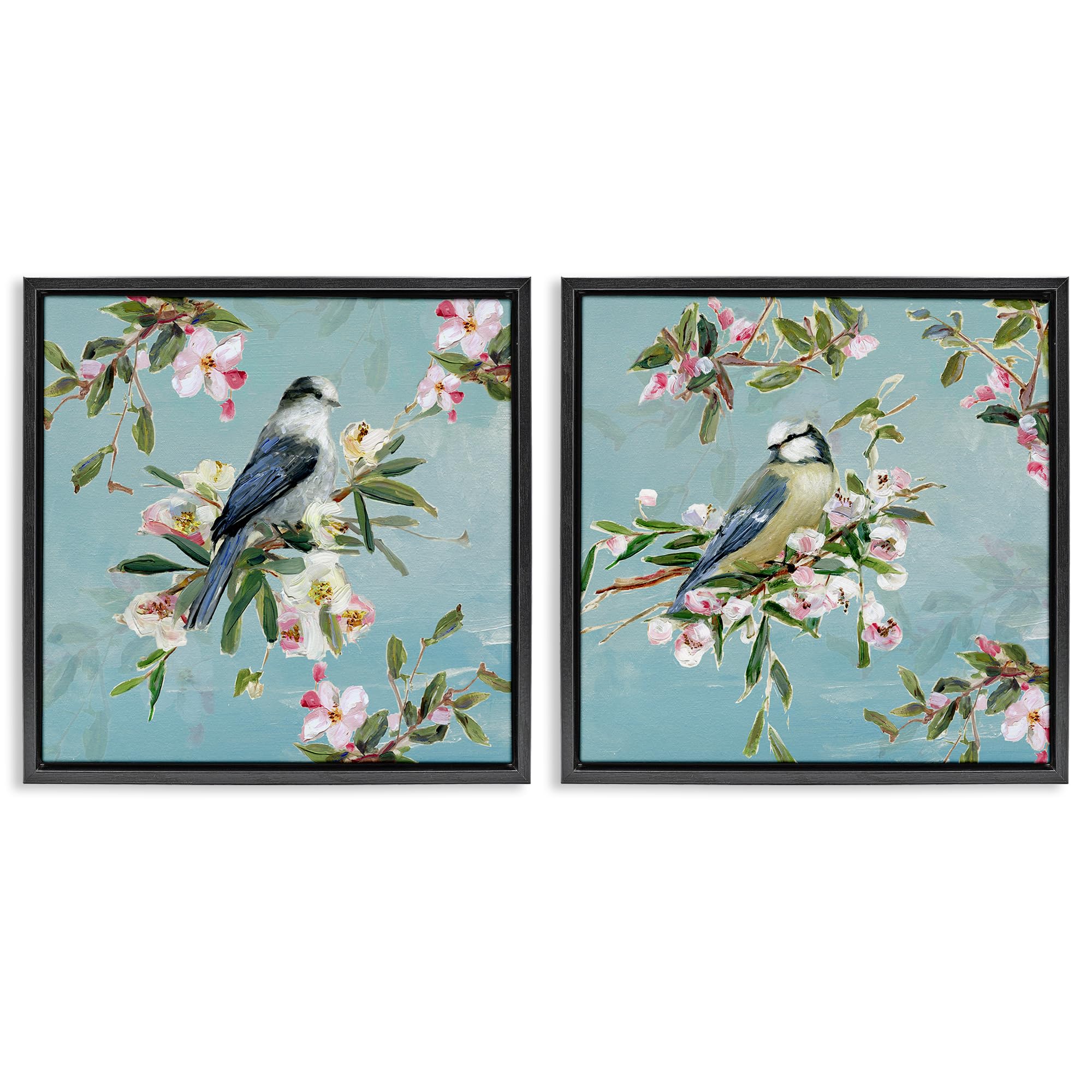 Stupell Industries 'Songbirds Among Spring Blossoms', 2pc Floating Frame Art Set 2, Black, 18 x 18 Inches, Easy to Hang and Sturdy, Made in USA, by Sally Swatland