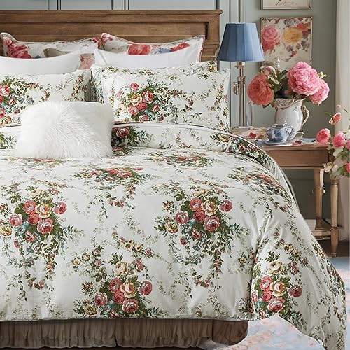 FADFAY Juego de cama estampado de granja tamaño Queen, juego de cama de 7 piezas 100% de algodón, estilo Shabby vintage floral de rosa blanca, funda