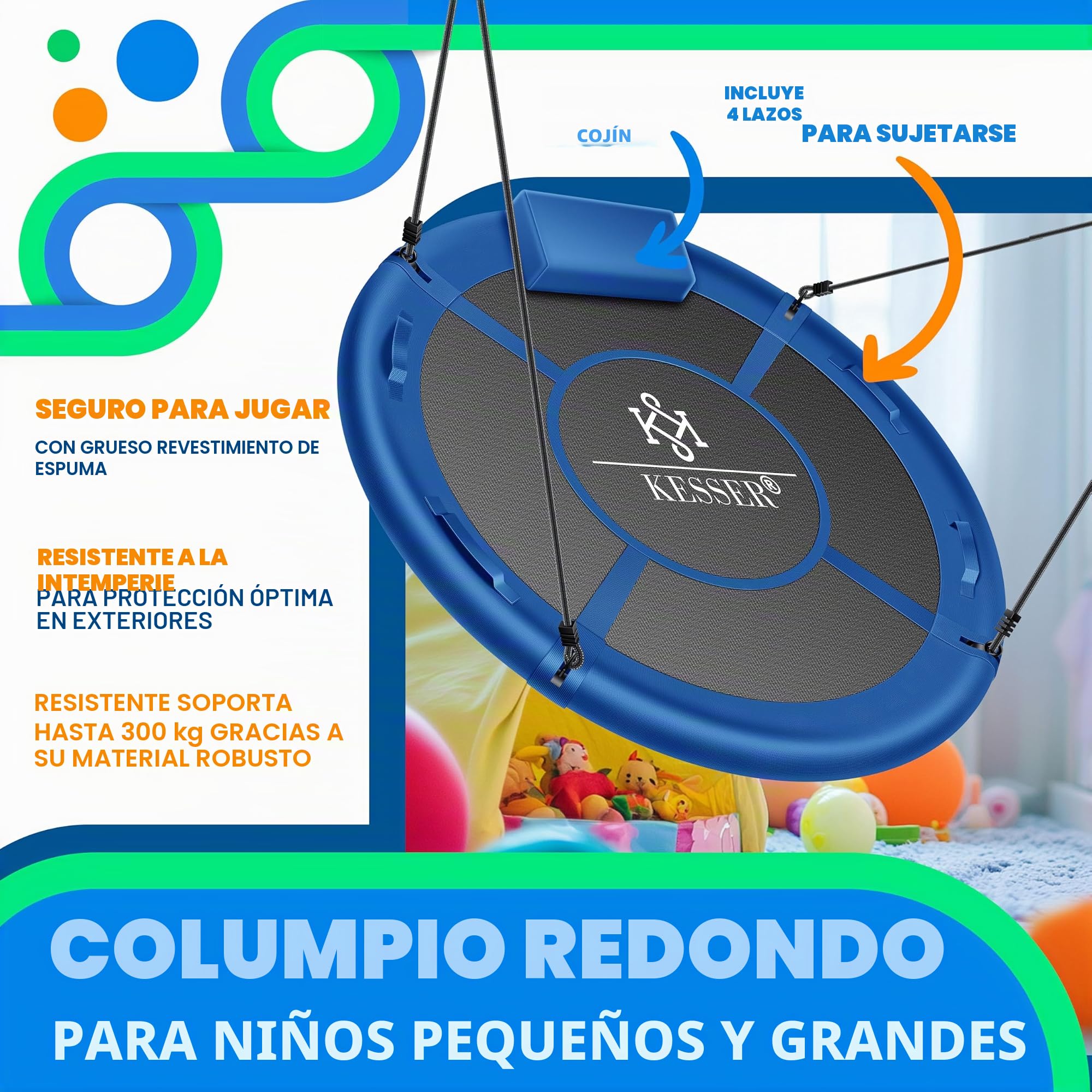 KESSER Columpio Nido Redondo De 120 Cm Con Cojín Y 4 Asas – Soporta 300 Kg Para Interior Y Exterior (Antracita)