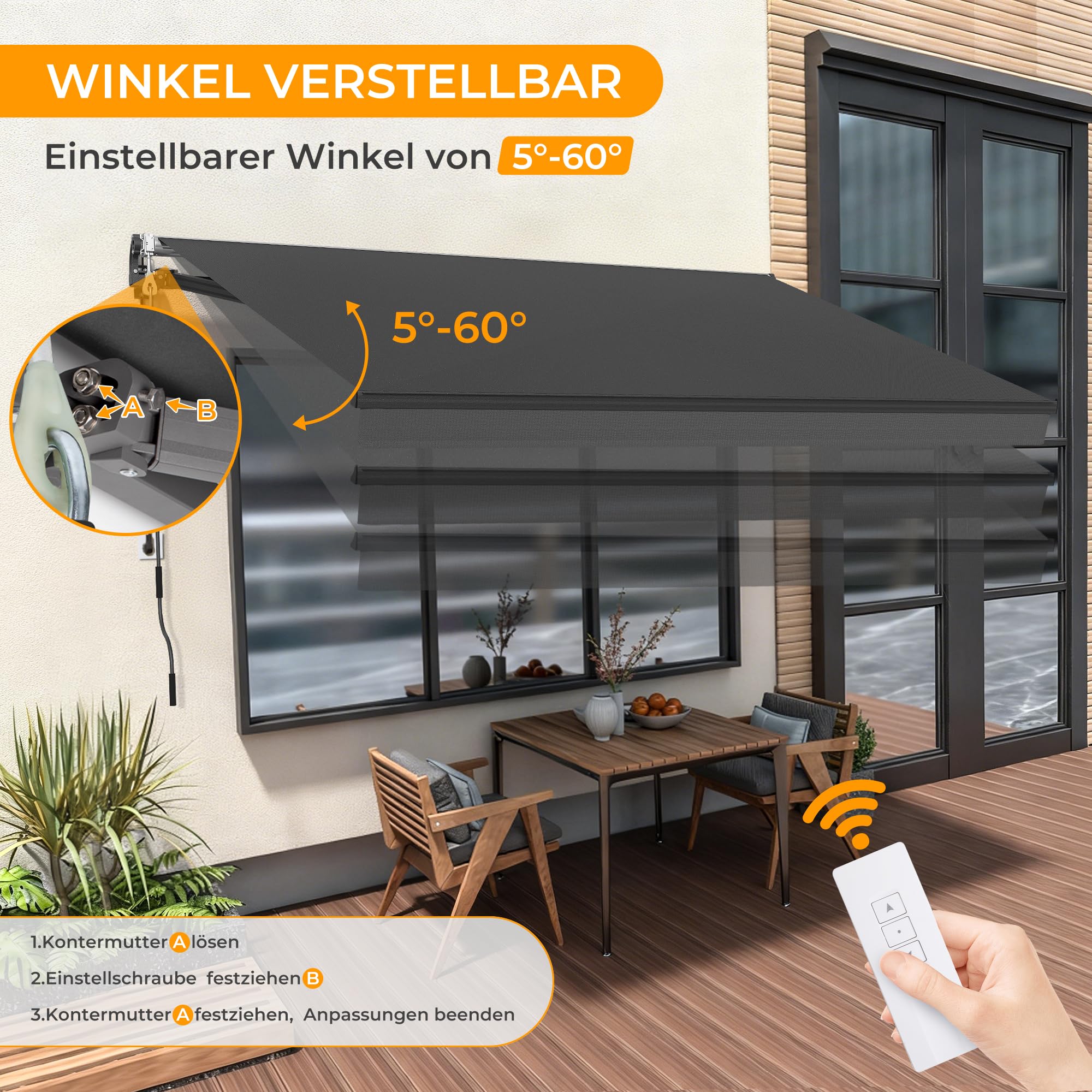 HOMEDEMO Markise Elektrisch mit Fernbedienung Gelenkarmmarkise (300 x 250cm) Anthrazit mit Handkurbel, Terrassenmarkise Balkonmarkise Sonnenschutz und wasserdicht, inkl. Wandhalterung