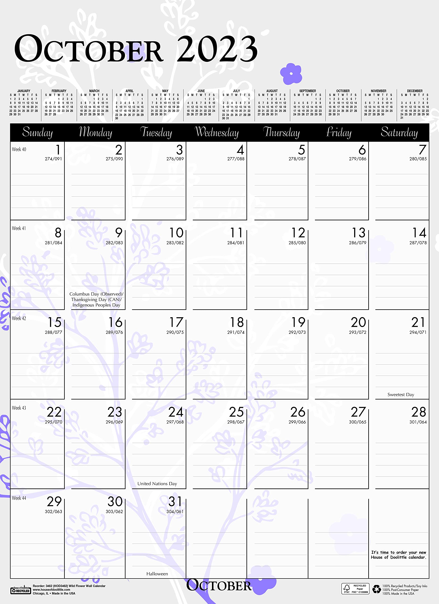 House of Doolittle Monatlicher Wandkalender 2023, Wildblume, 30,5 x 41,5 cm, Januar - Dezember (HOD3462-23)