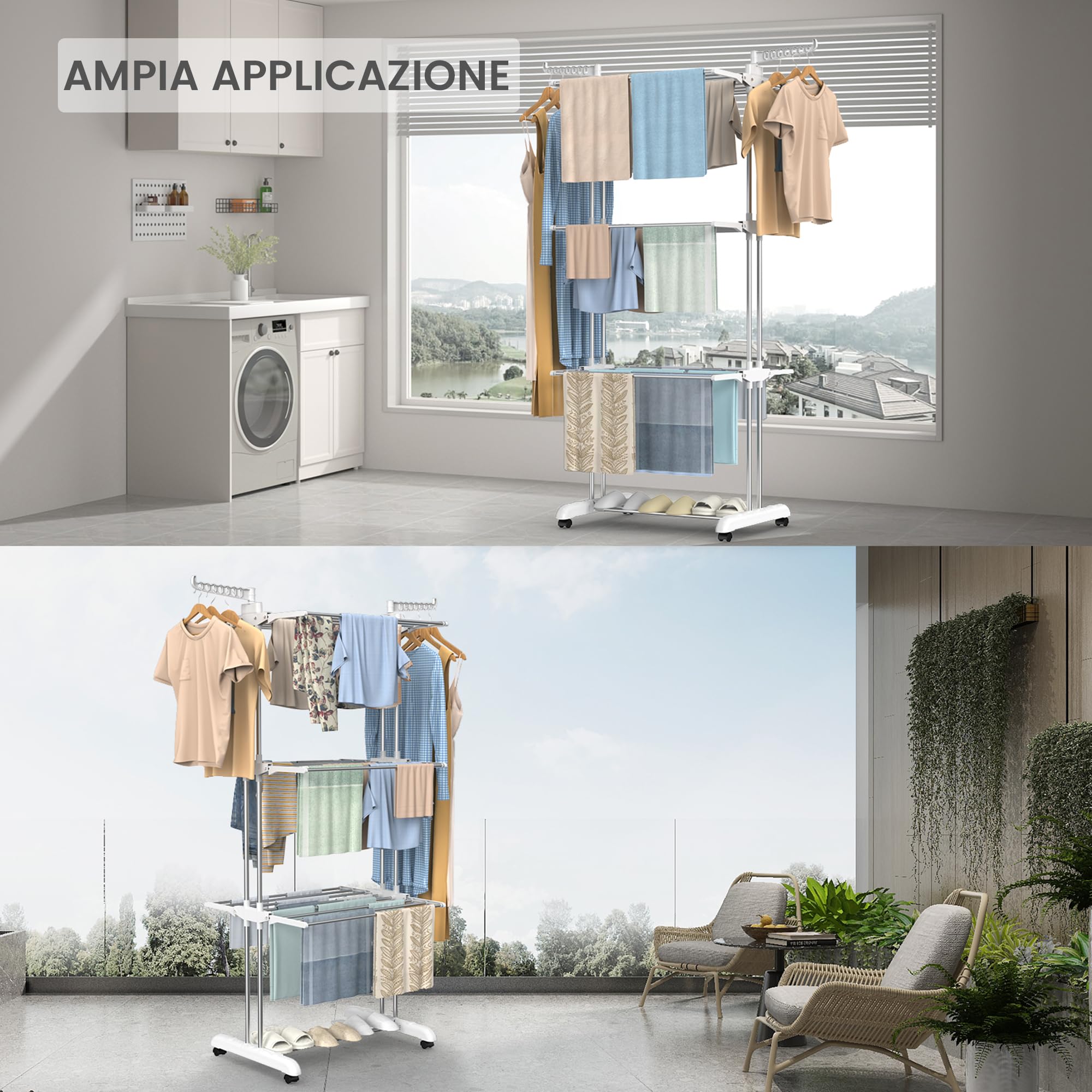 Innotic Stendino 4 Livelli, Stendibiancheria Pieghevole con Ruote e Ali | Stendino Verticale Salvaspazio Capiente, Stendipanni a Torre Allungabile Alto per Balcone Esterno/Interno, Bianco