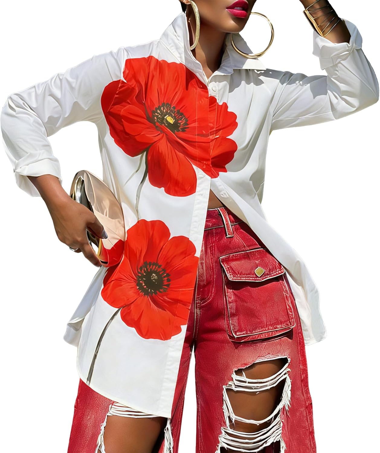 stylewe Button Down Shirts for Women Printed Oversized Casual Fashion Blouse Top