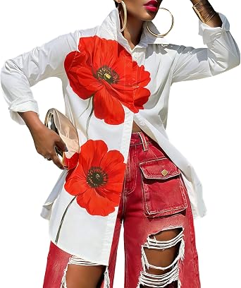 stylewe Button Down Shirts for Women Printed Oversized Casual Fashion Blouse Top