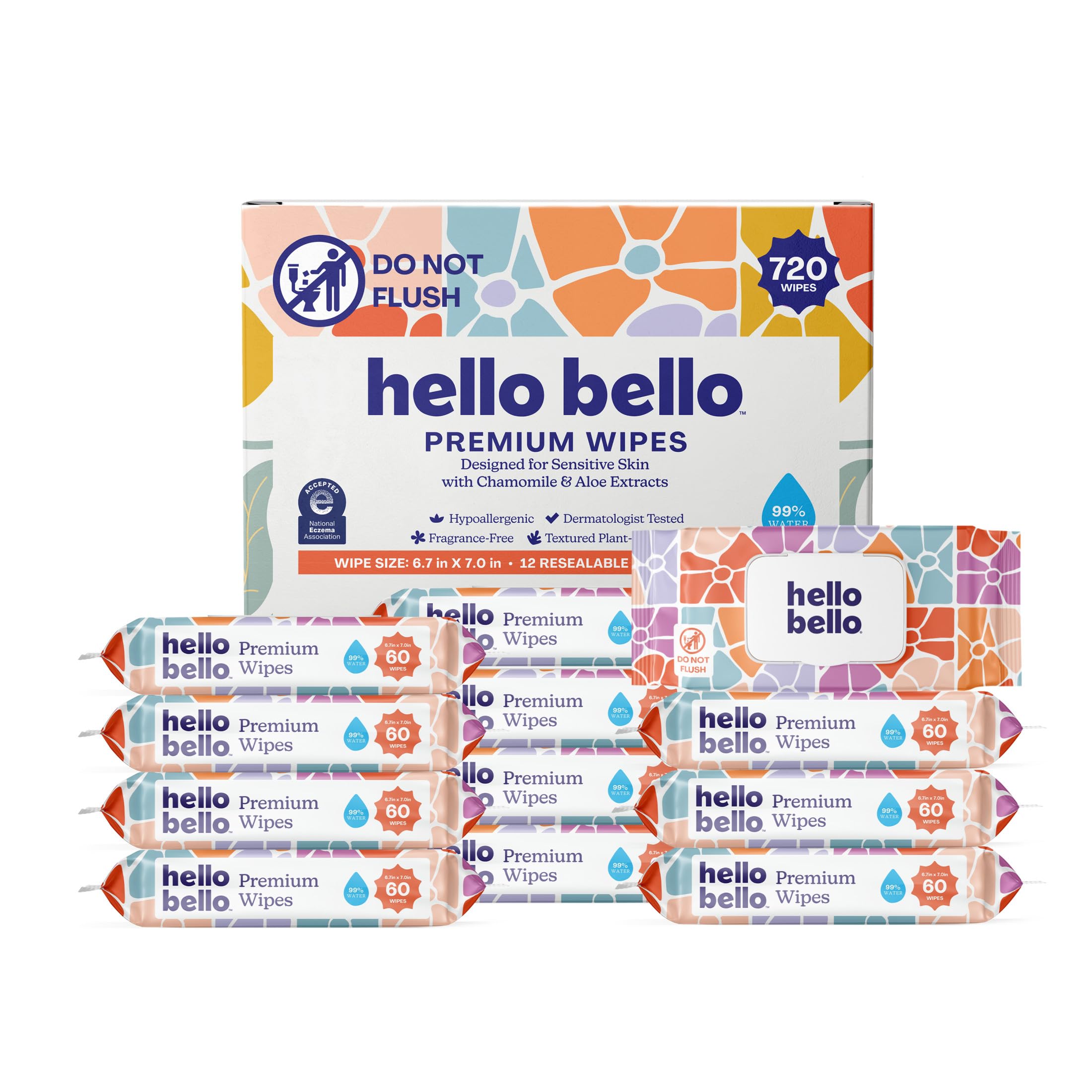 Hello Bello Premium Wipes, Designed for Sensitive Skin with Chamomile & Aloe Extracts, Flower Pop (12 Resealable Packets = 720 Total Wipes)