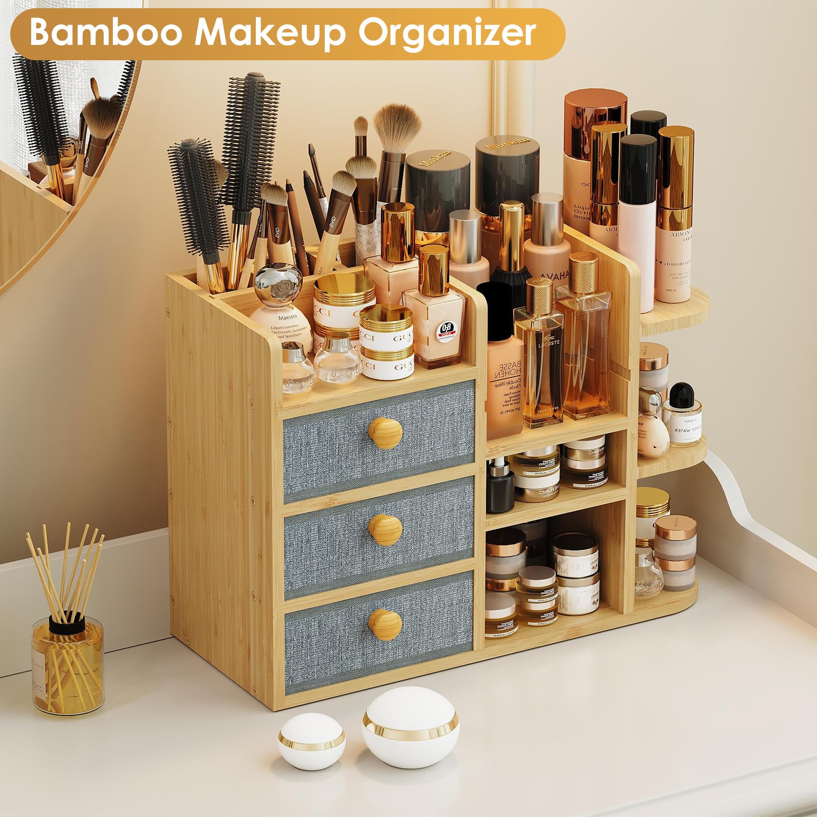 Natural Bamboo 3-Tier Makeup Organizer with Drawers