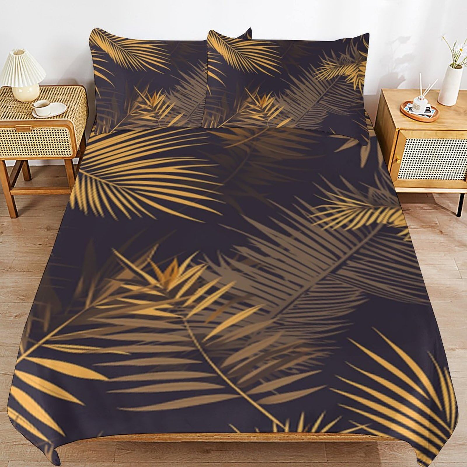 Housse de couette feuilles de palmier 3D verte dorée et blanche zippée