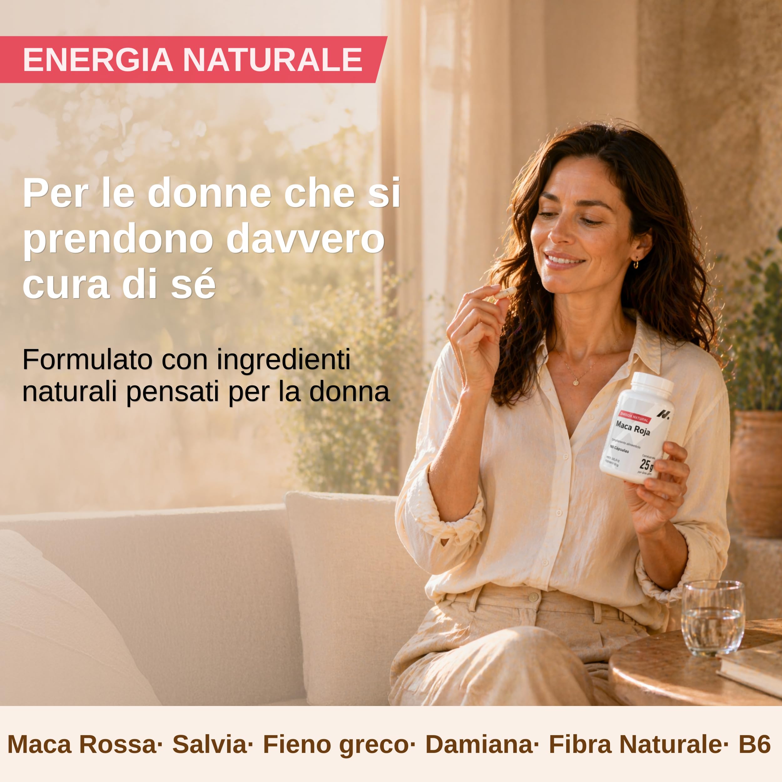 Maca Rossa Donna con Salvia, Fieno Greco e Damiana – Supporto Ormonale Femminile, Energia e Benessere – 25.000 mg Equivalenti di Maca Rossa in Polvere – 180 Capsule, 60 Dosi – Nyvos