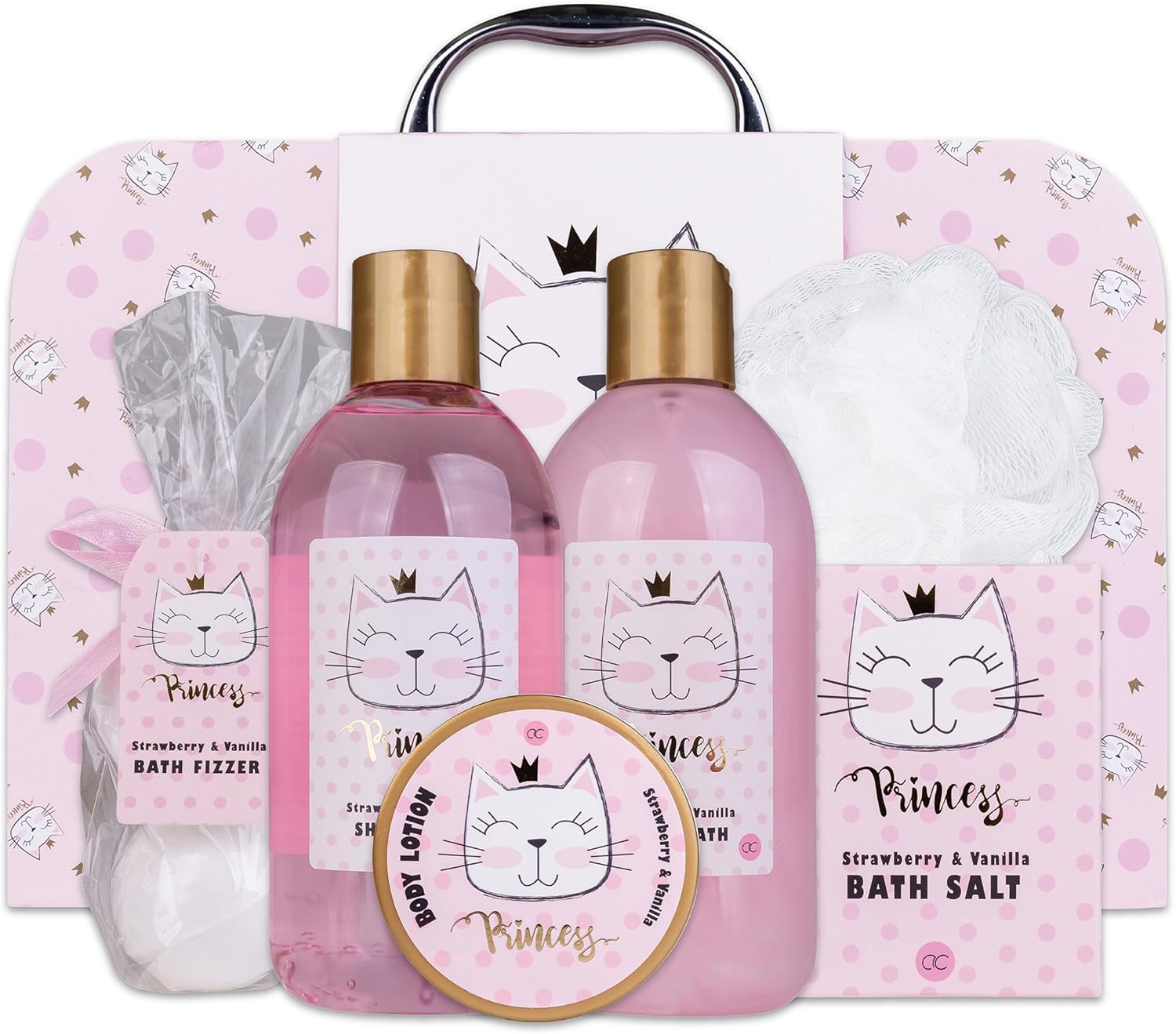 Accentra Princess Kitty Reward Set for Ladies & Ladies – 7-Piece Bathe Set with Bubble Tub, Tub Bombs, Bathe Gel, Physique Lotion & Extra – Care Set with Strawberry & Vanilla Perfume in Cute Paper Case