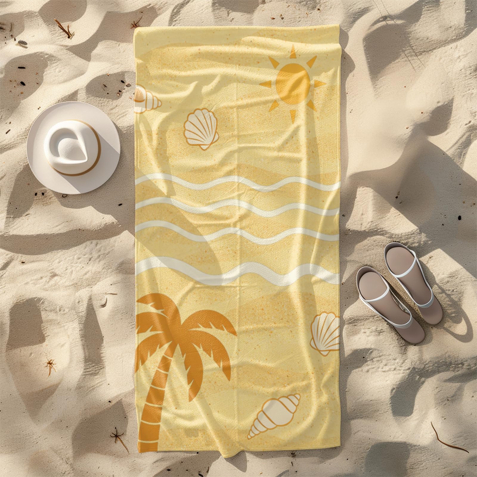 Tapis de Plage XXL Anti Sable Coquille Jaune d'arbre De Coco Serviette Piscine Adulte,Natte De Plage Pliable, Voyage Accessoires De Plage Camping,Serviette de Bain Personnalisée