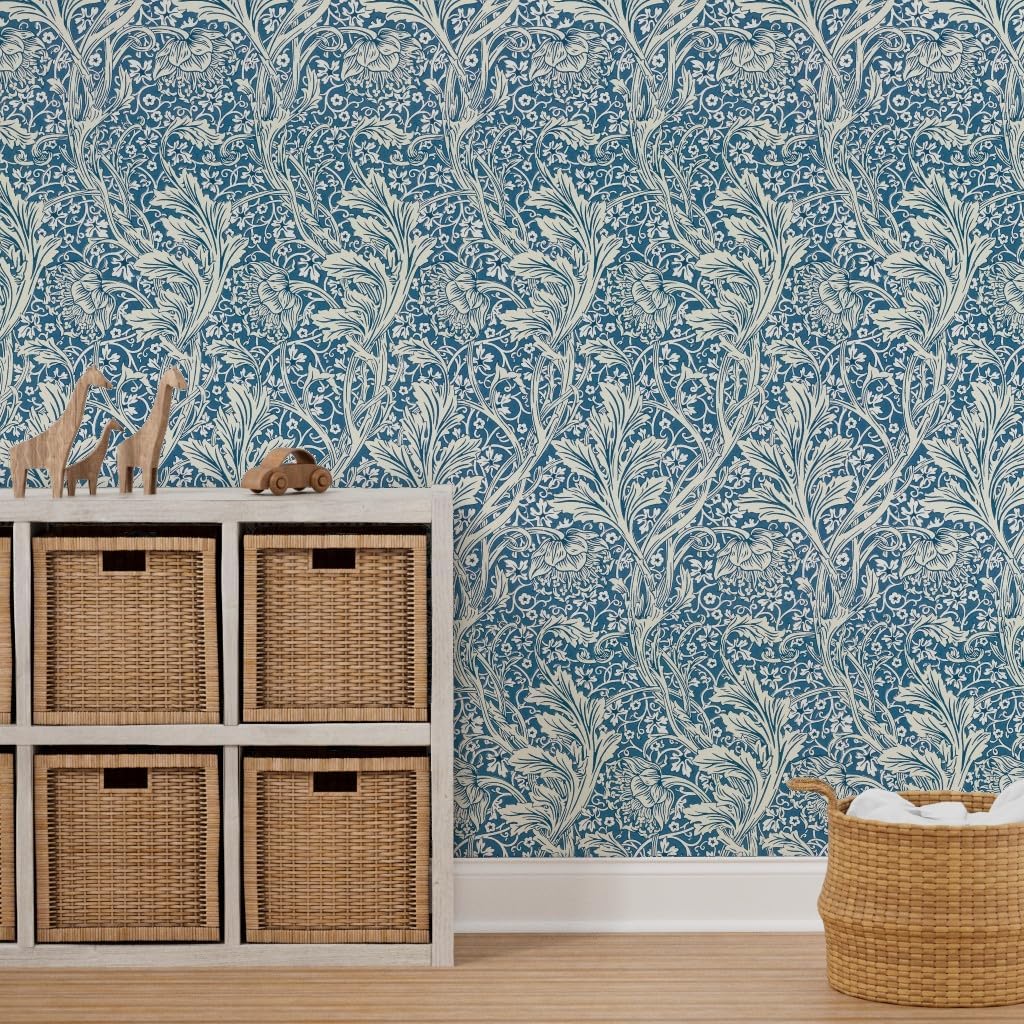 Removable Wallpaper 6ft x 2ft - Victorian Floral Arts Teal Blue Custom Pre-Pasted Wallpaper by Spoonflower