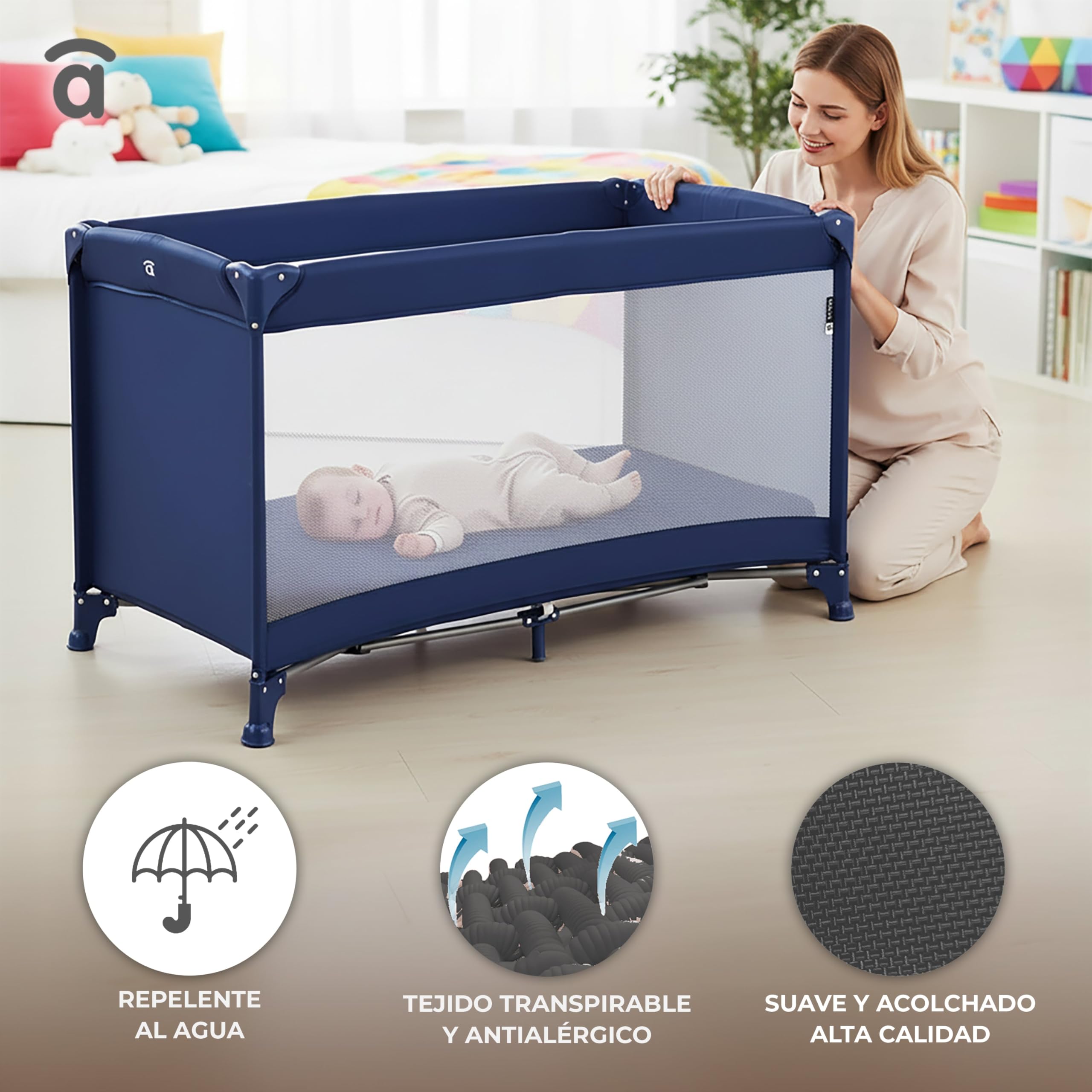 Asalvo Kreta Patchwork, Kinderbett Reisebett Gitterbett, 0-3 Jahre (0-15 kg), leichtes Reisebett, Matratze, (60 x 120 cm), Tragetasche, ultraschnell, faltbar, Typ Regenschirm, Grau