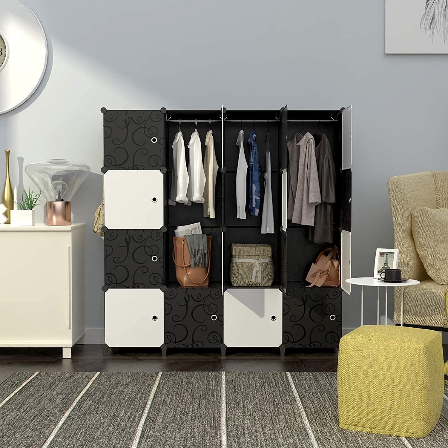 HOMIDEC Kleiderschrank, Tragbarer Regalsystem Schrank Schlafzimmer, 16 Würfel Schrank aus Kunststoff mit 3 Kleiderstange, Schlaf zimmerschrank (schwarz und weiß)