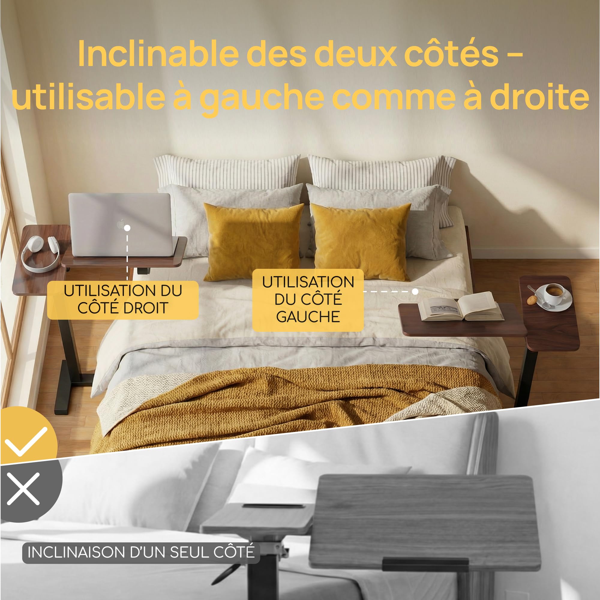 Viviendo Table de lit à roulettes, Marron, réglable 68–108 cm avec vérin à gaz, Table d’appoint avec Plateau inclinable, Table pour Ordinateur Portable, lit, canapé, Salon et Bureau, 70 x 40 cm