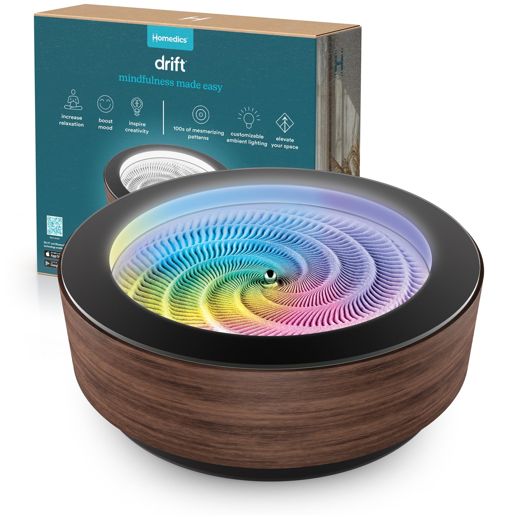 Homedics Drift 10” Wood Sand Table – App Controlled Moving Sand Art for Desk, Automated Sandscape Display with LED Lights, Quiet Metal Sphere, Modern Zen Relaxation Home Office Decor (Black Walnut)